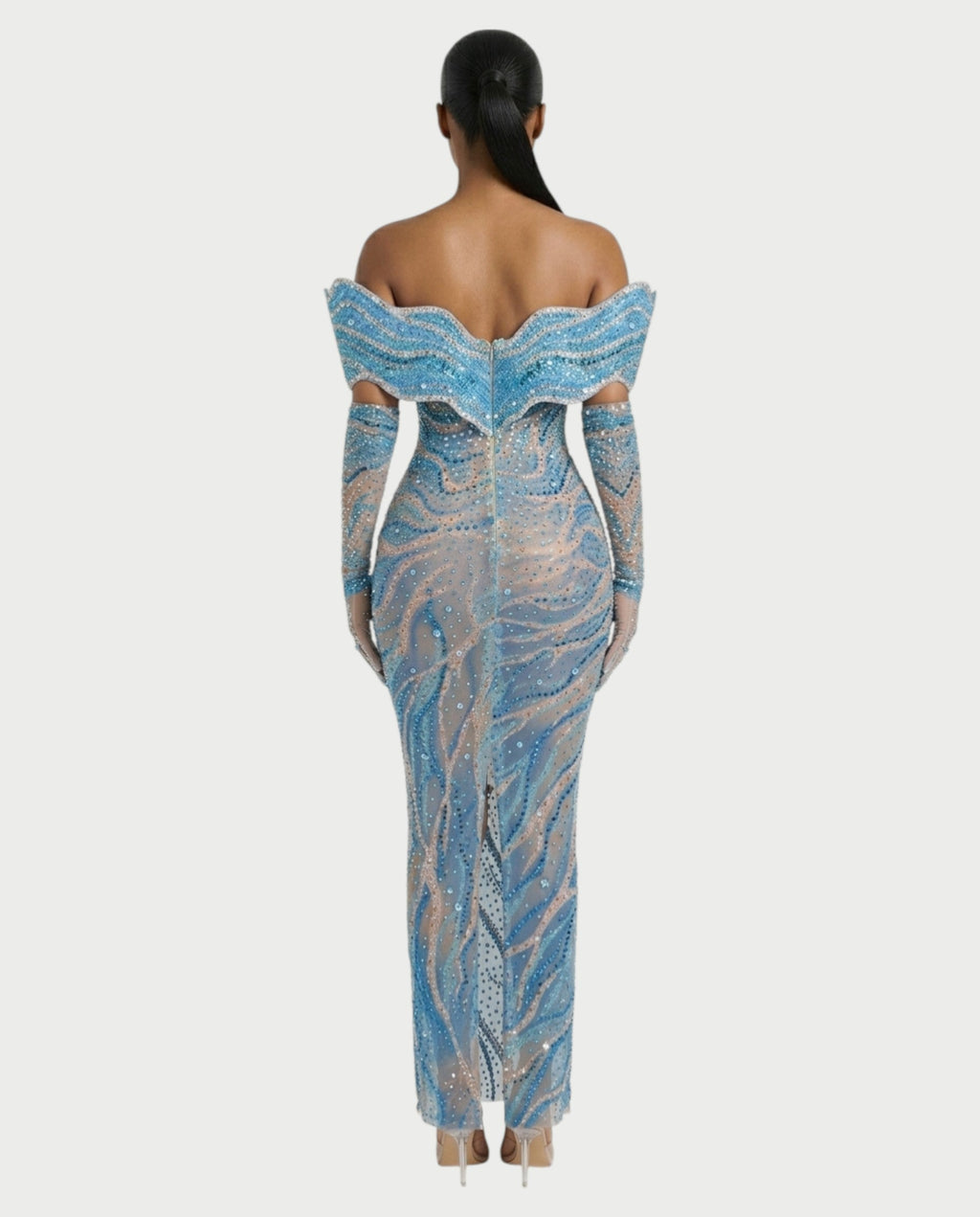 NELKA Rhinestone Off-Shoulder Mesh Maxi Dress
