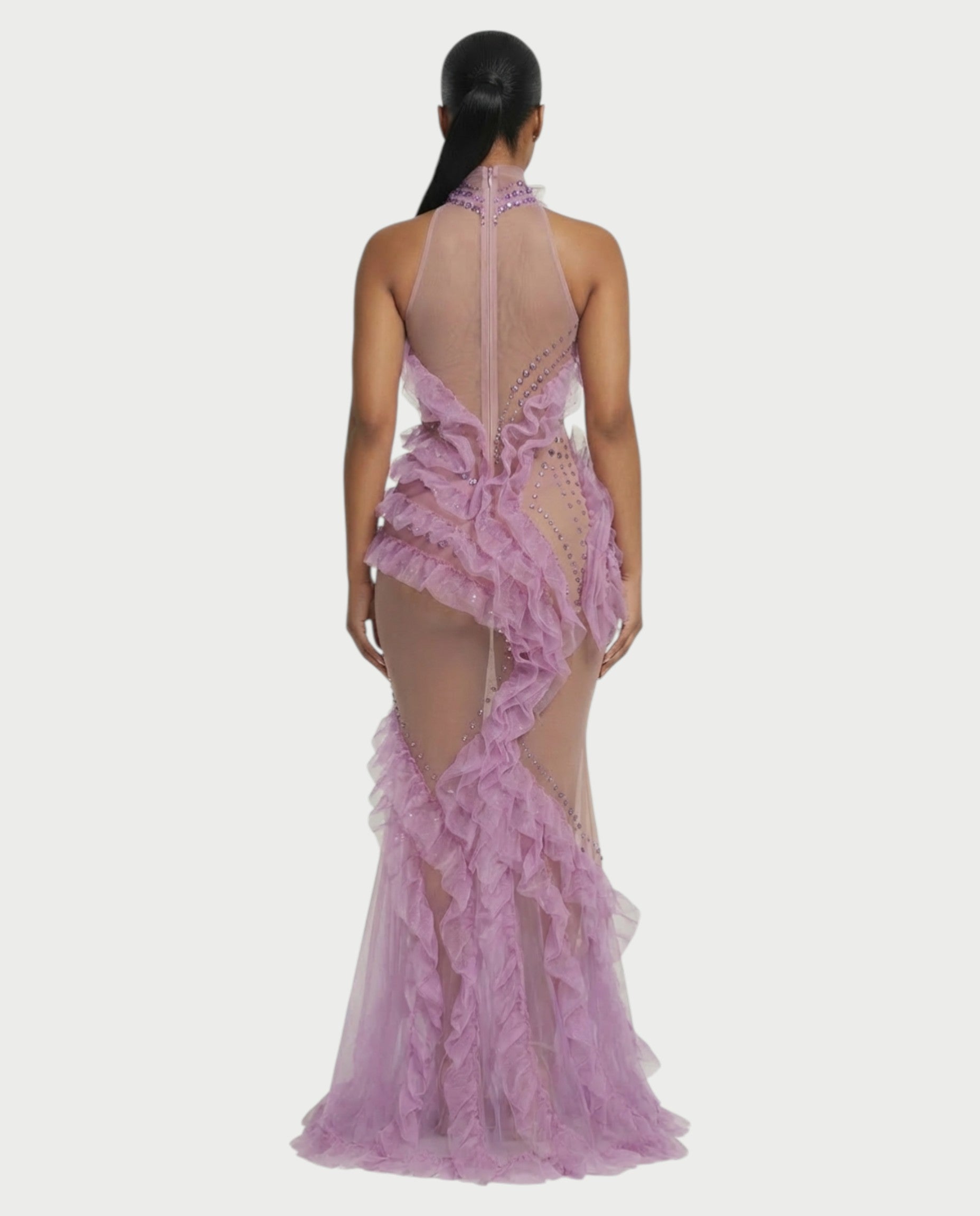 TERRIE Sheer Rhinestone & Ruffle High-Neck Maxi Dress