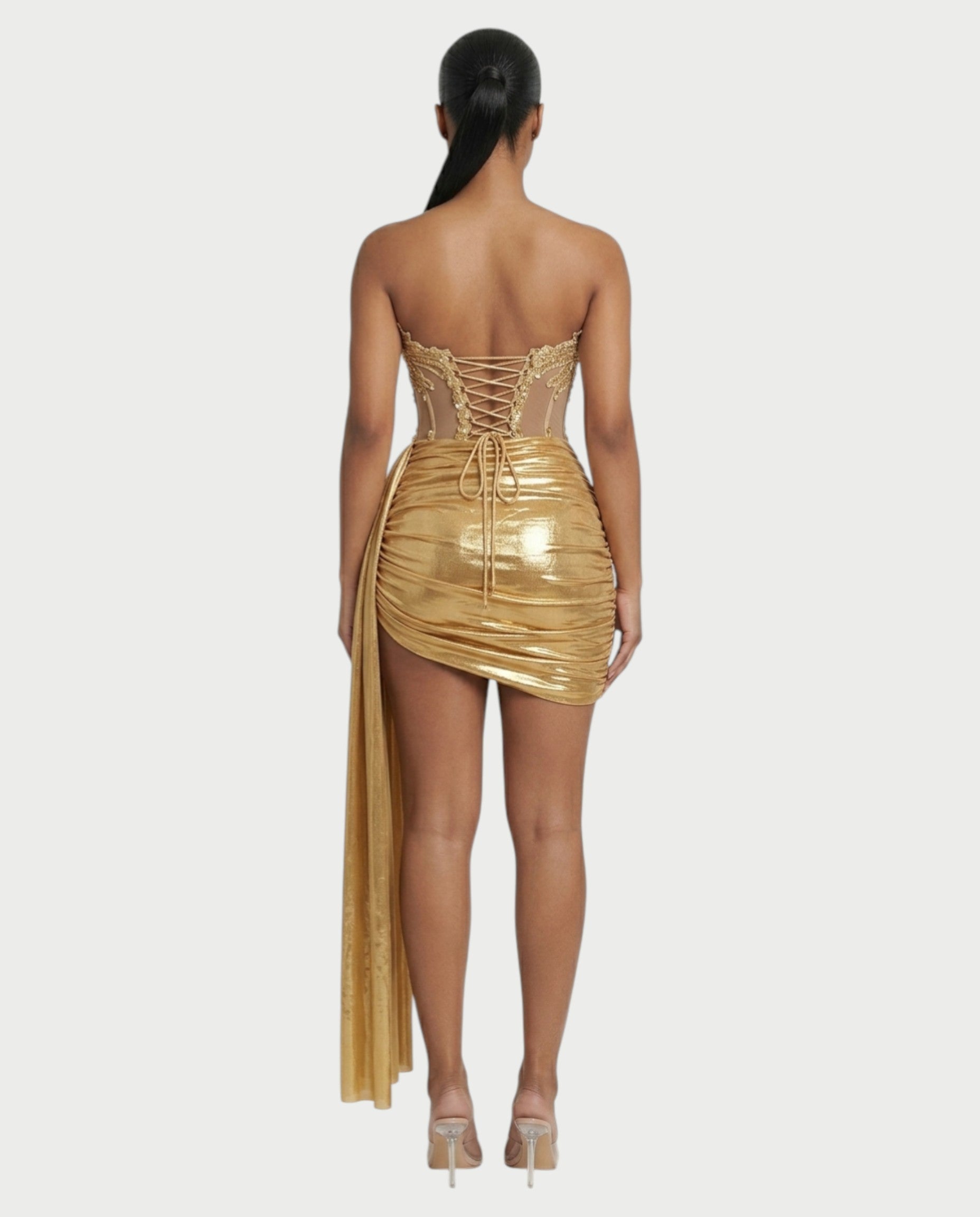 YUINE Lace-Up Draped Corset Mini Dress