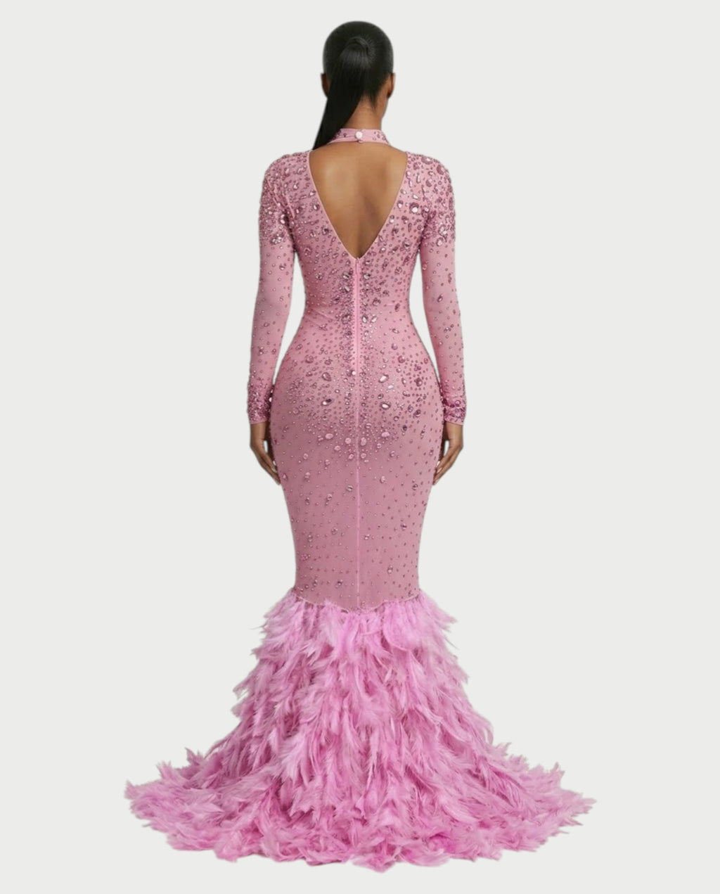 SOSANE Diamond High-Neck Feather Mermaid Maxi Dress