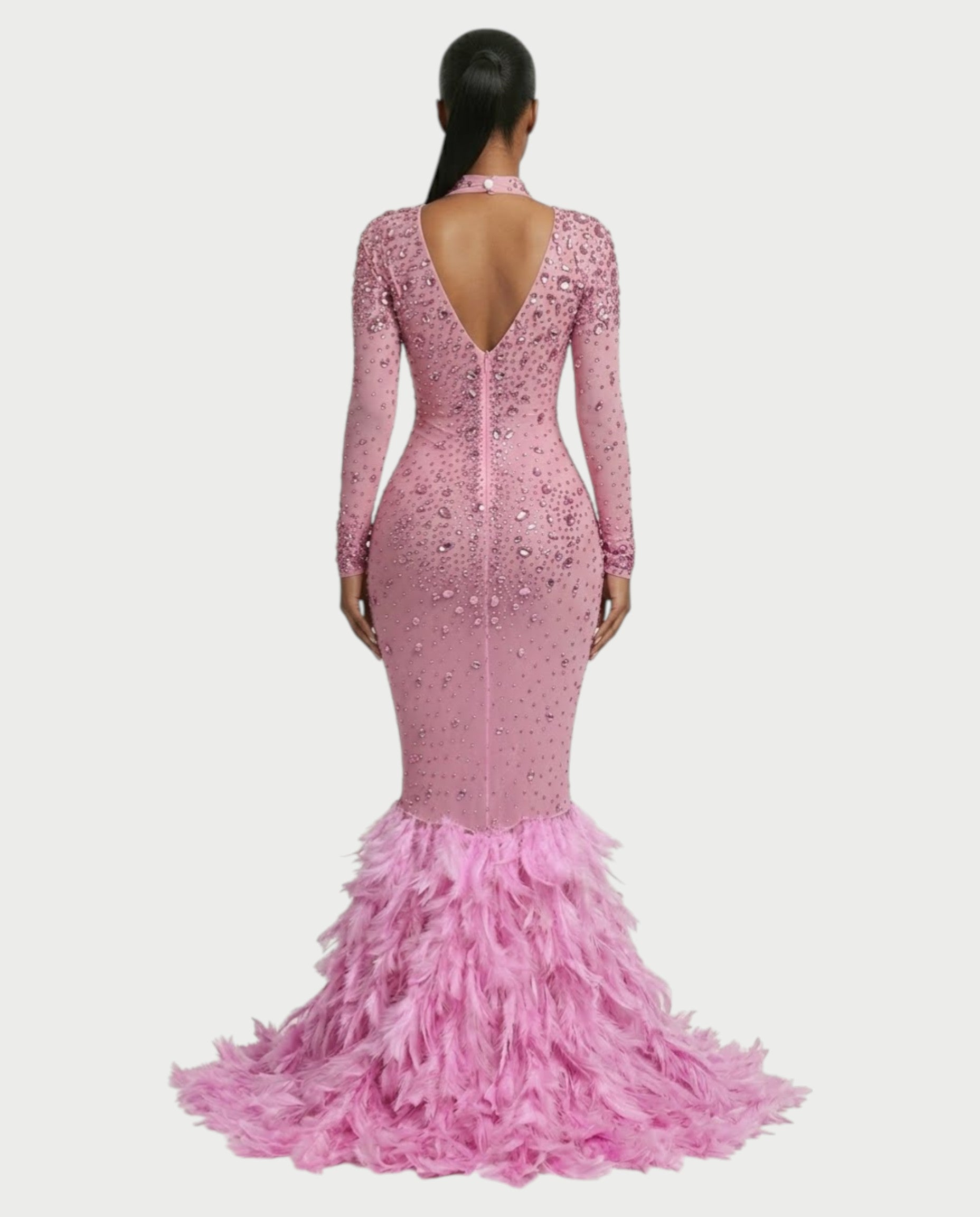SOSANE Diamond High-Neck Feather Mermaid Maxi Dress