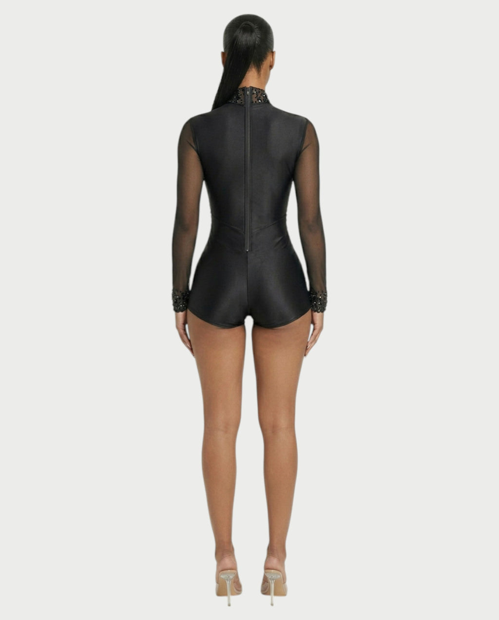 PERSY High-Neck Embellished Mesh Romper