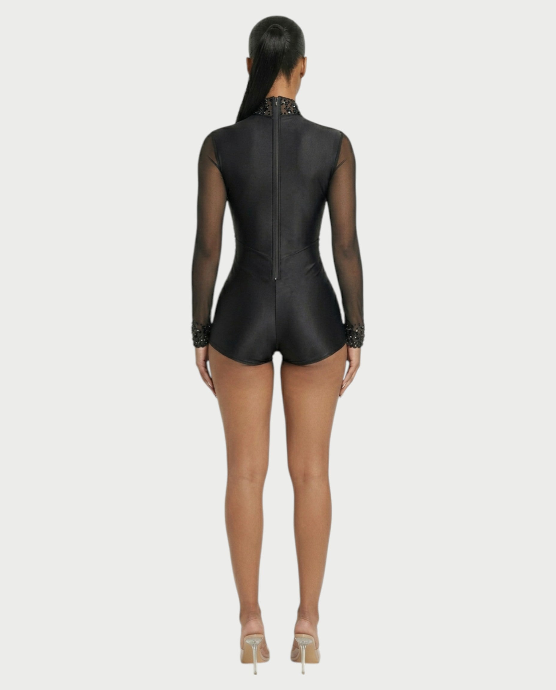 PERSY High-Neck Embellished Mesh Romper