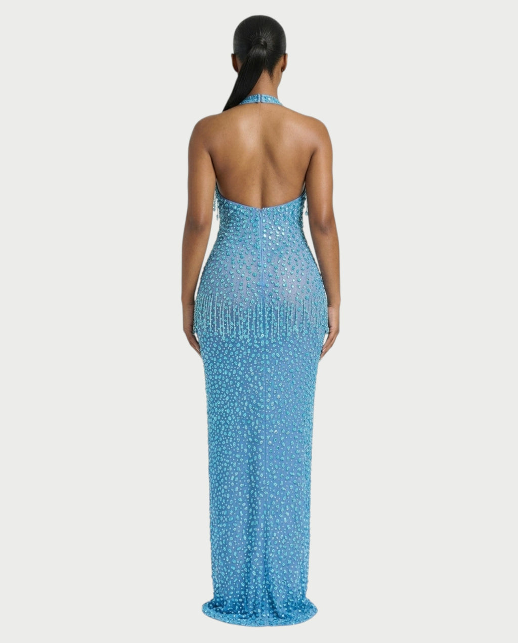 MYRIZ Rhinestone Halter Draped Tassel Maxi Dress