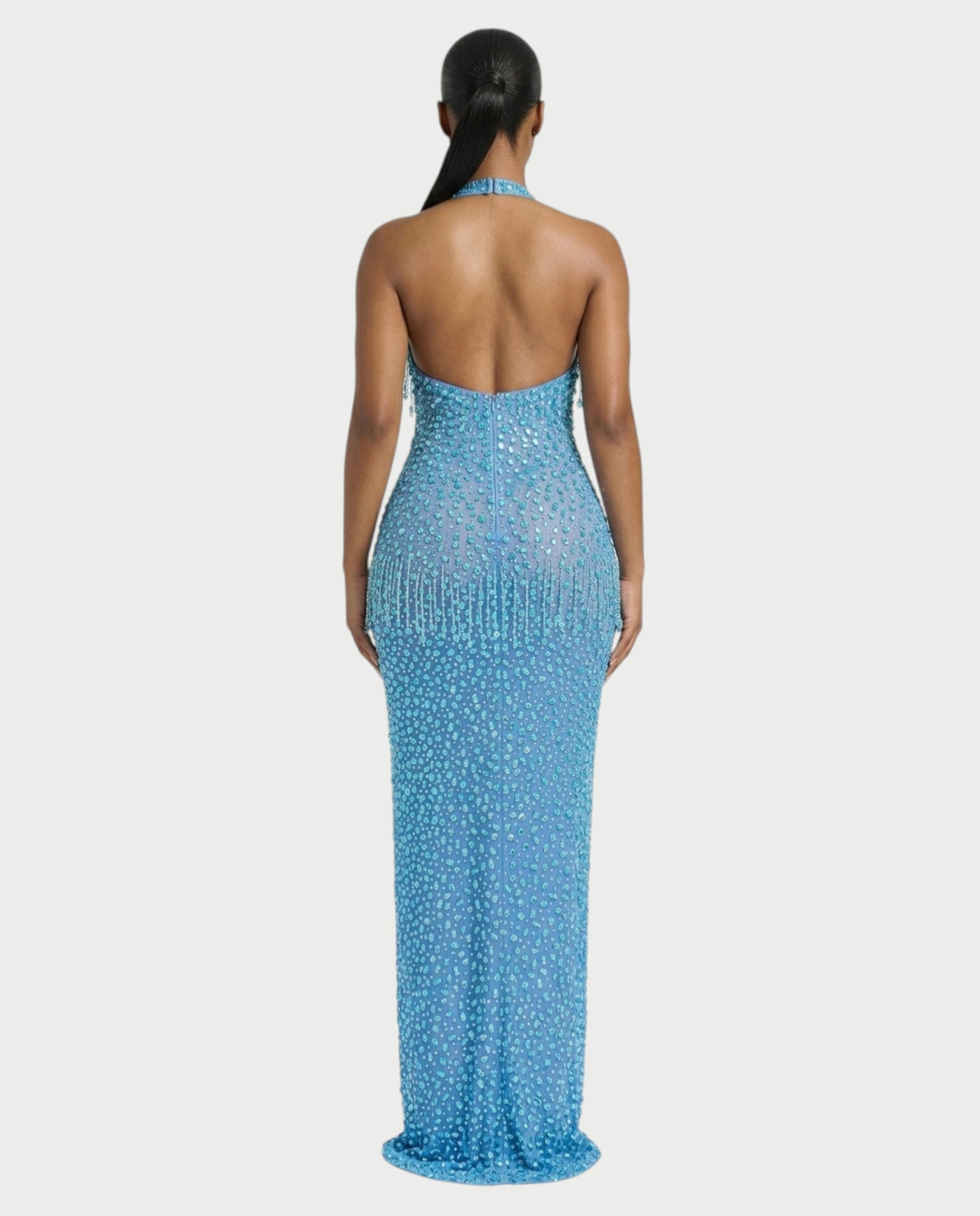 MYRIZ Rhinestone Halter Draped Tassel Maxi Dress
