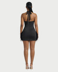 MIRAL Feather Trim Rhinestone Halter Mini Dress