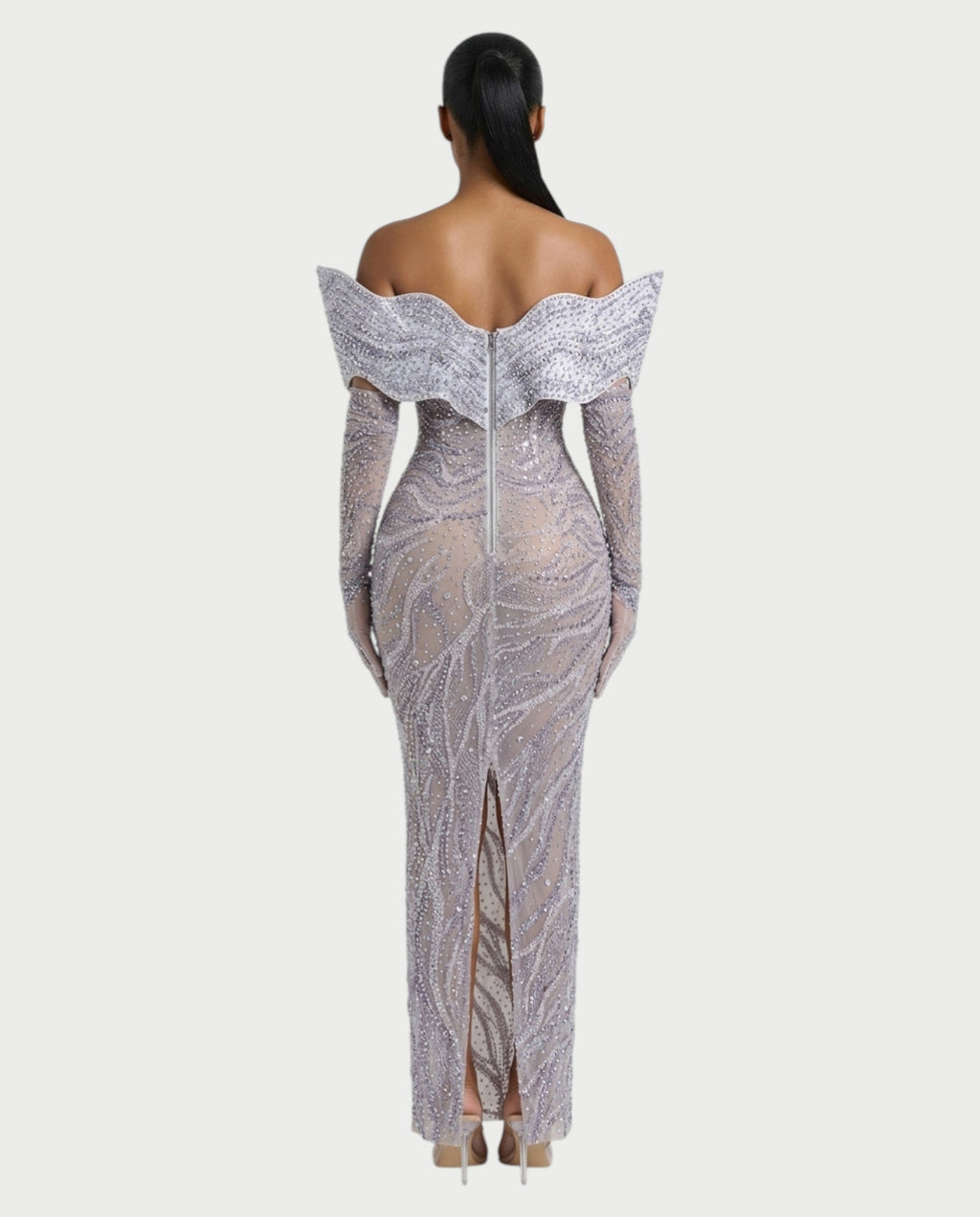NELKA Rhinestone Off-Shoulder Mesh Maxi Dress