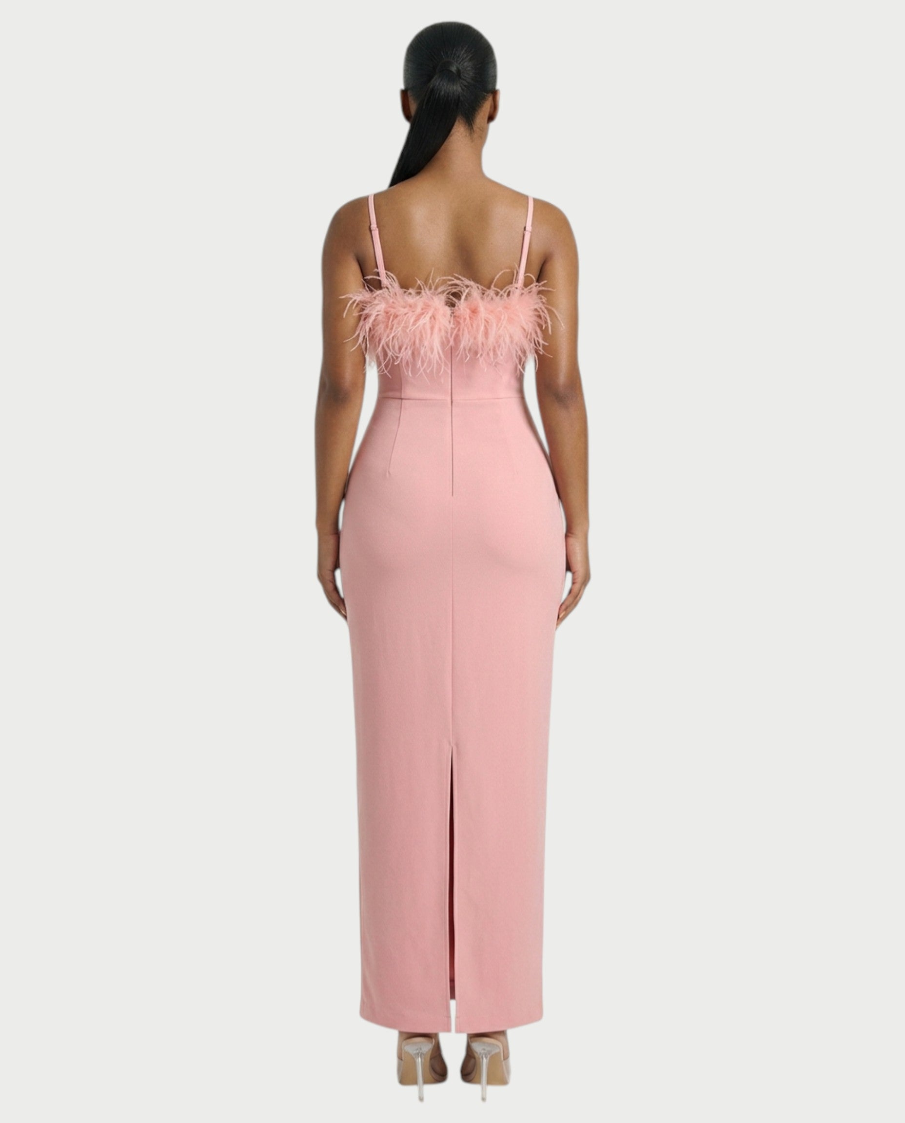 KREYA Feather Trim Bodycon Maxi Dress