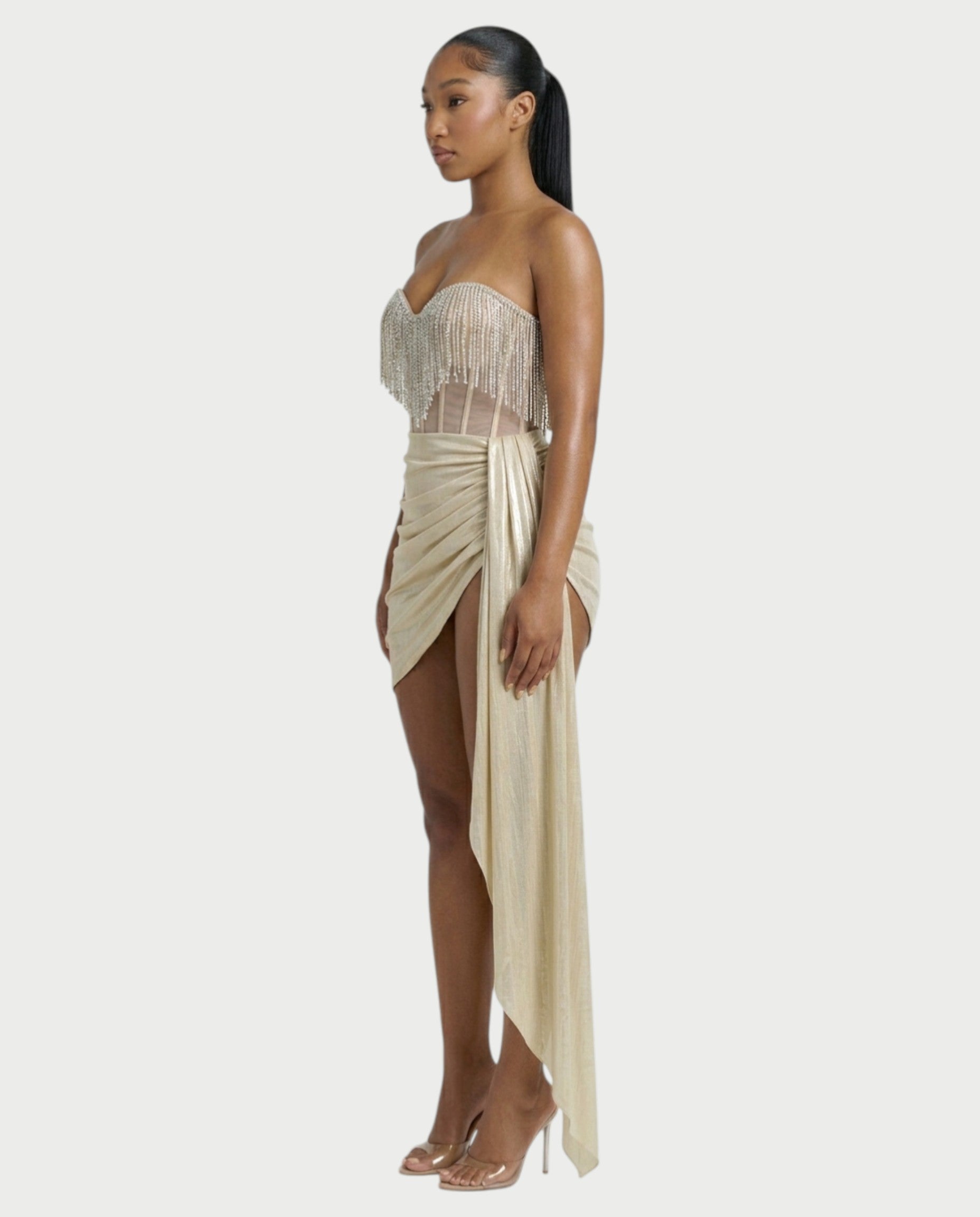 VIRELA Rhinestone Fringe Drape Metallic Mini Dress