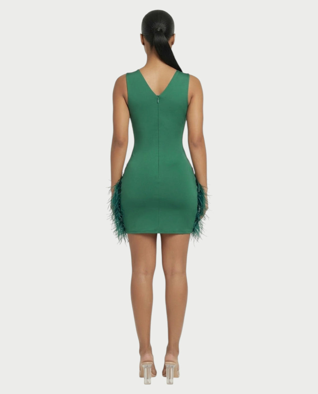 DARIA Emerald Crystal Feather Trim Mini Dress