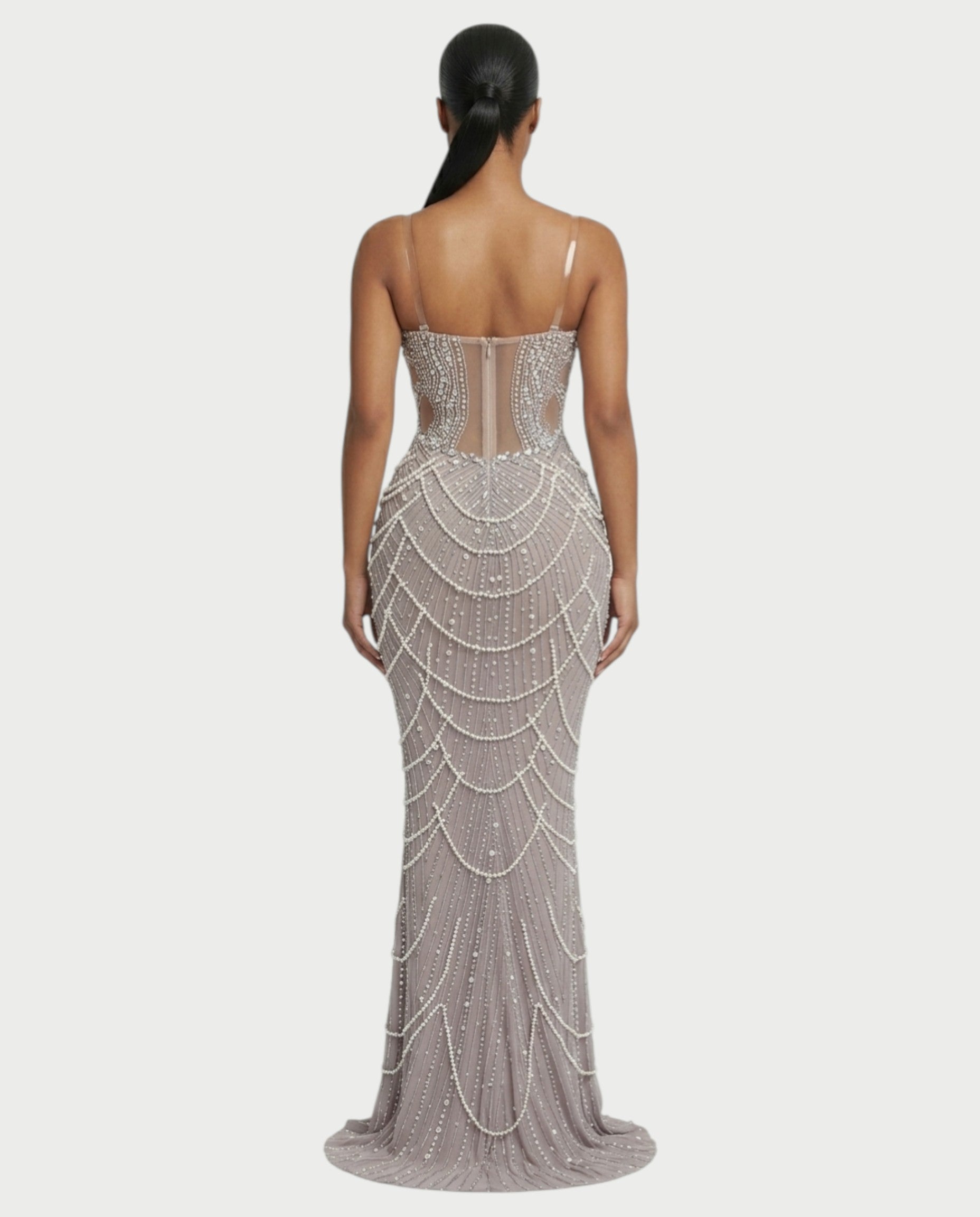 MIRYN Sheer Crystal Beaded Corset Maxi Dress
