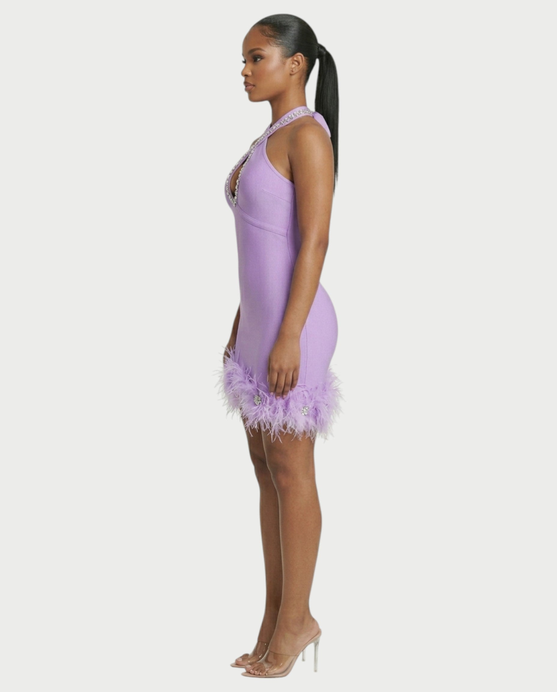 QUENCY Crystal Halter Feather Trim Mini Dress