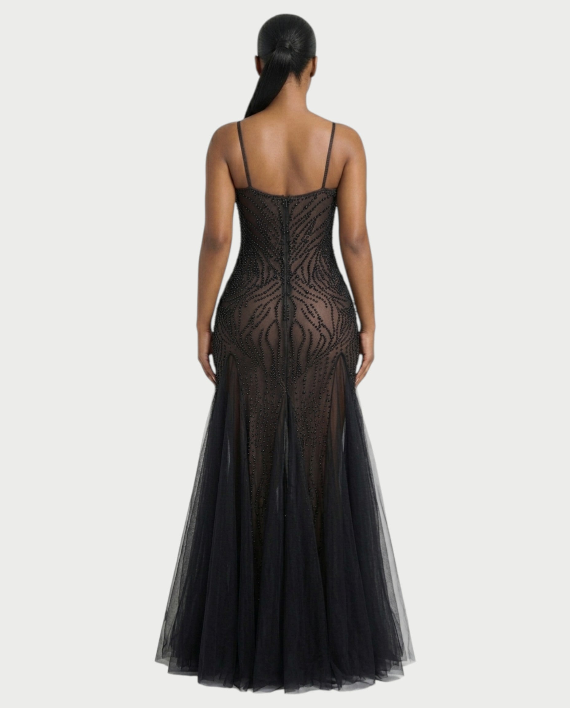 ZYREL Beaded Sheer Tulle Skirt Maxi Dress