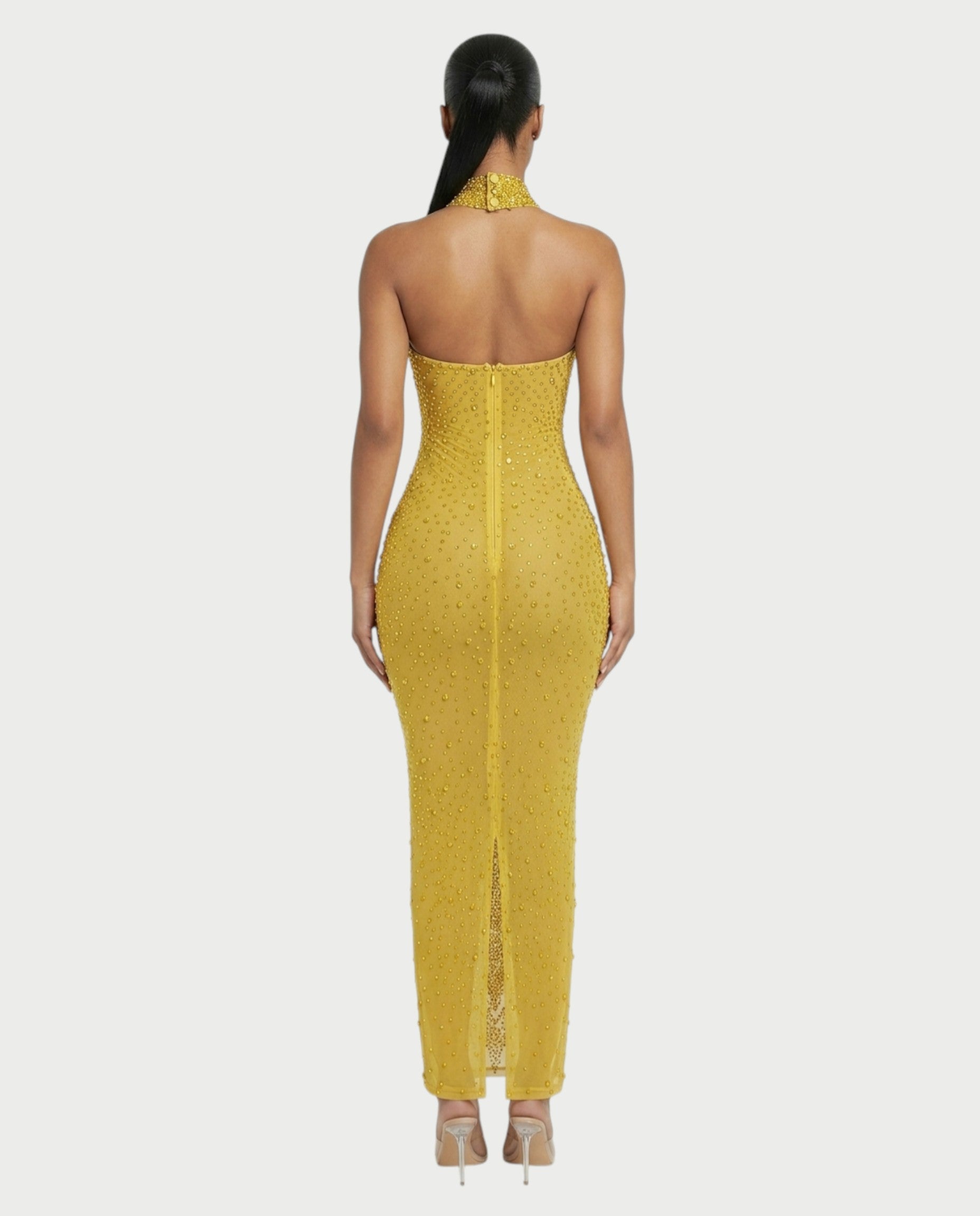 FUERA Rhinestone Mesh Bodycon Maxi Dress