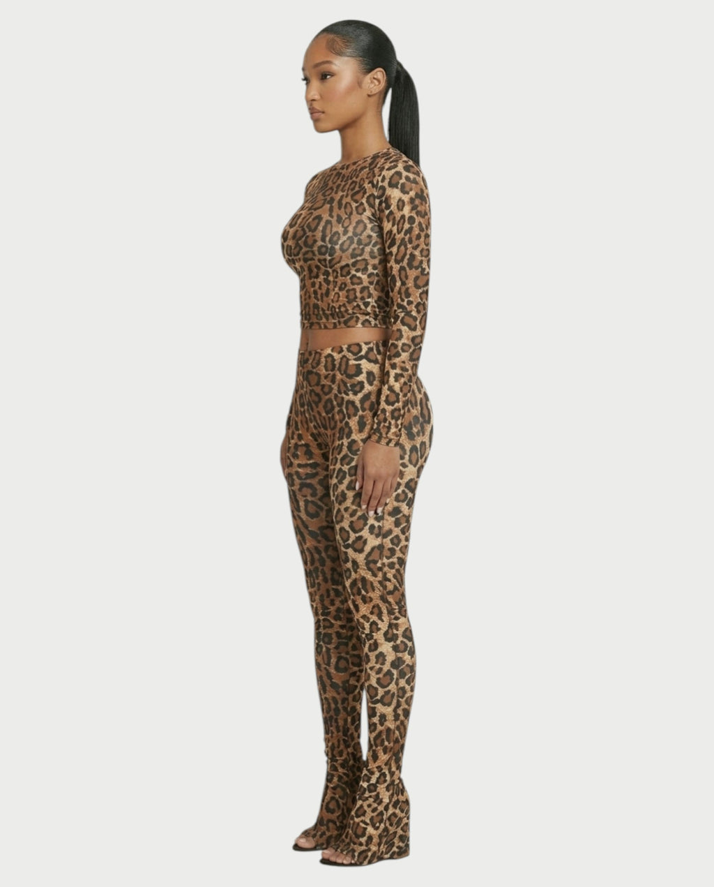 FRELY Leopard Print Long Sleeve Top & Flared Legging Set