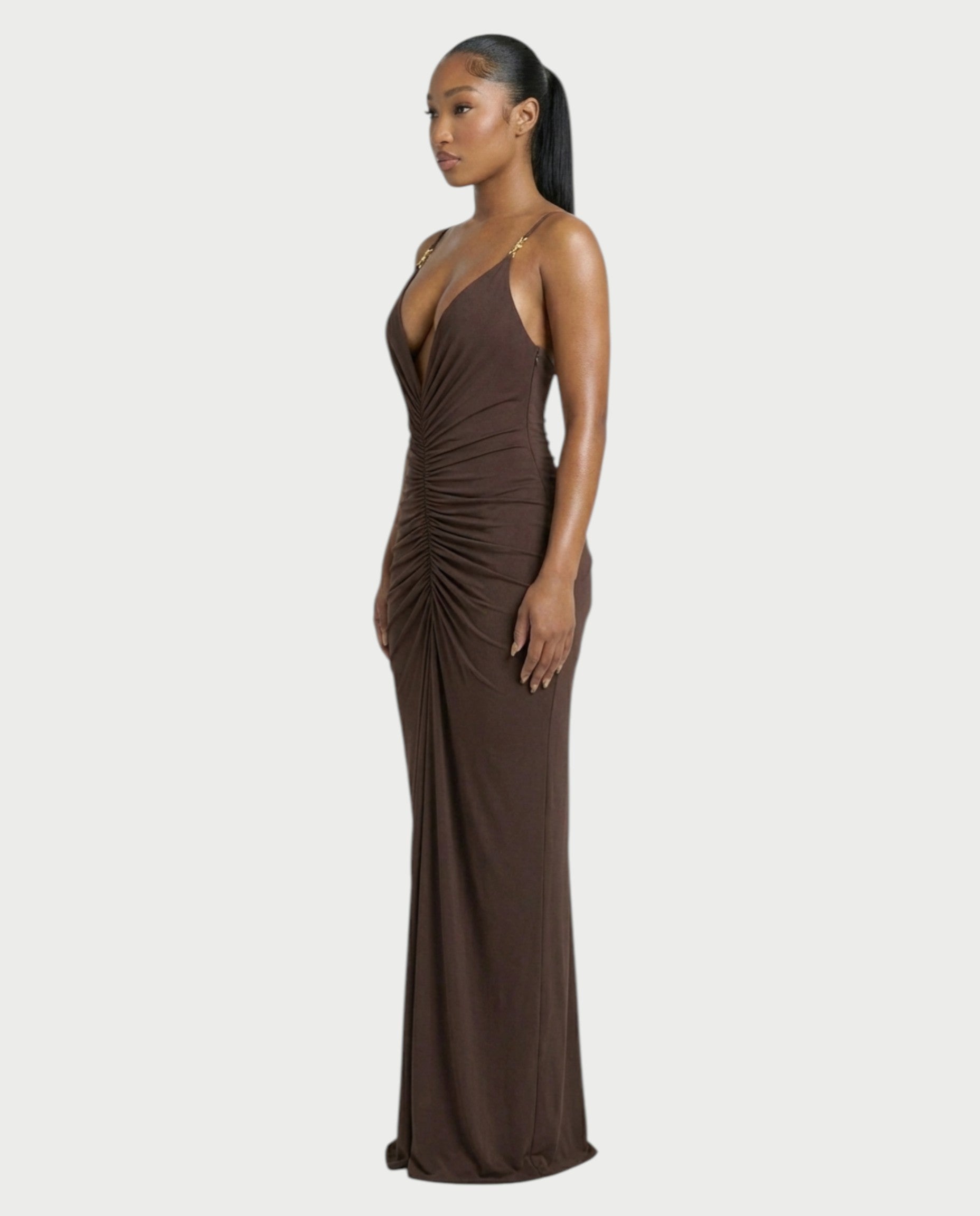 LEXA Ruched Deep V Buckle Strap Maxi Dress