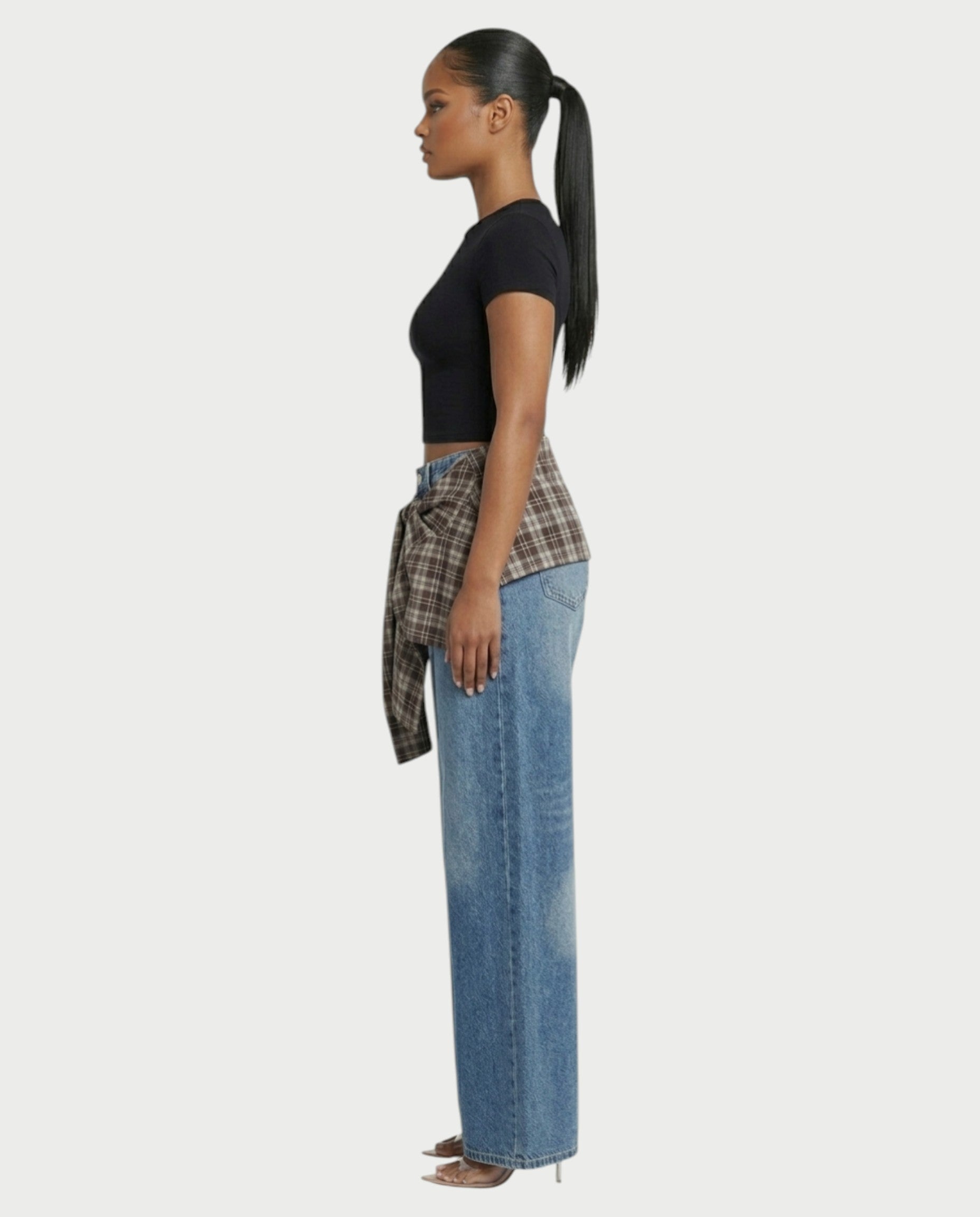 ESSIA Plaid Waist Straight-Cut Denim Pants