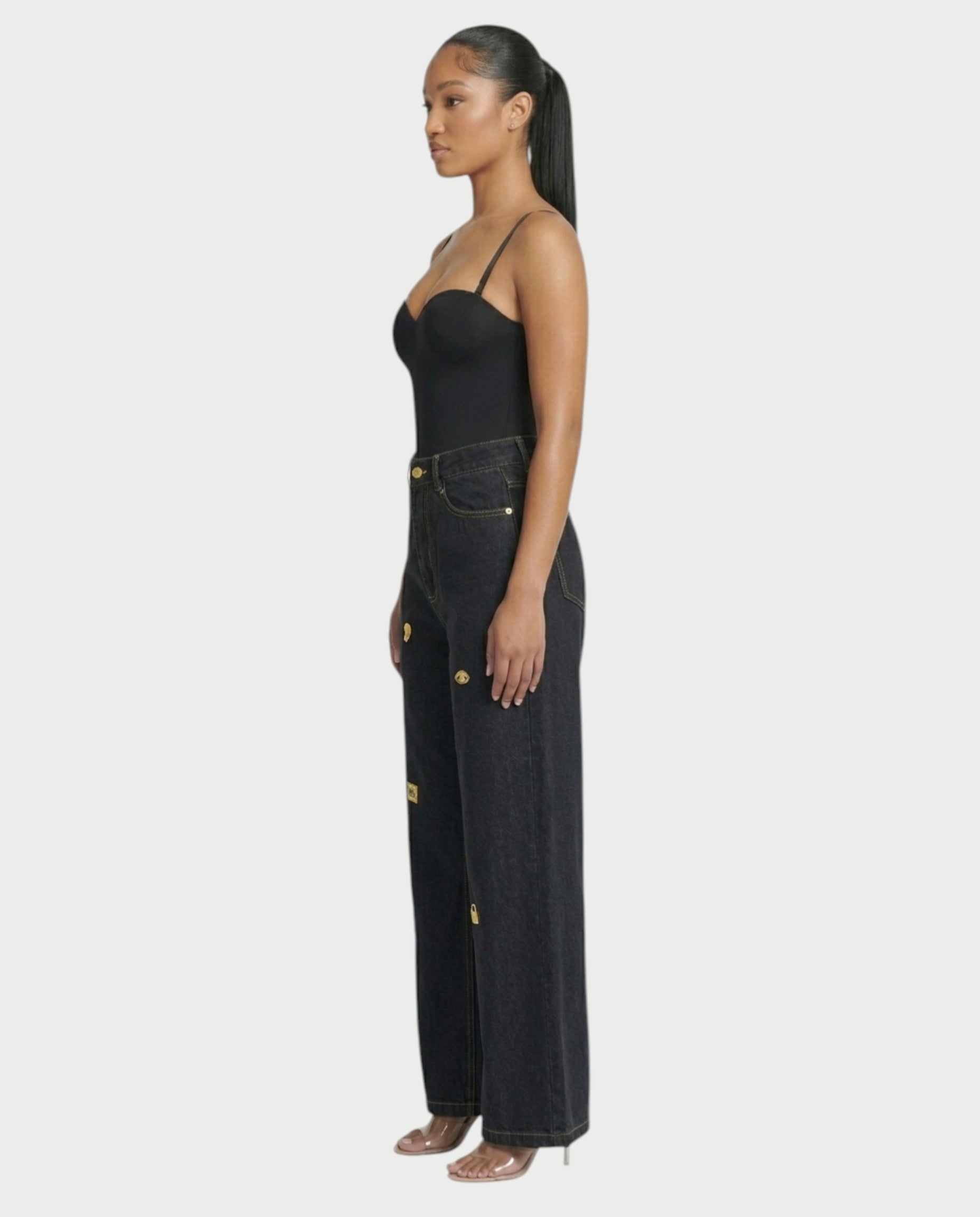 LUNARIA Wide-Leg Gold Motif Denim Pants
