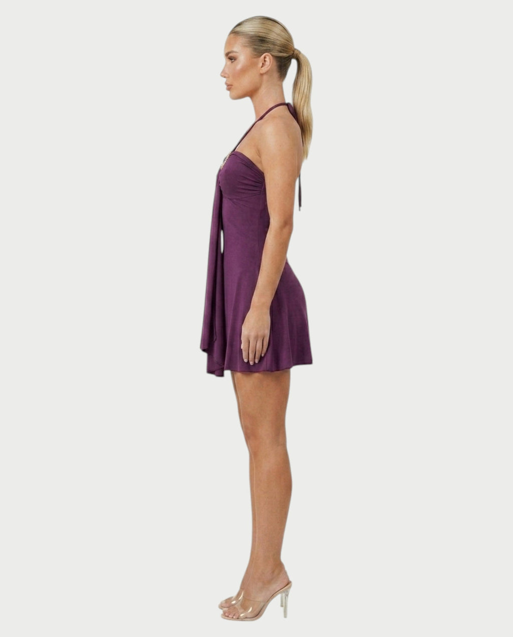 AVIELLE Halter Chain Medallion Drape Mini Dress