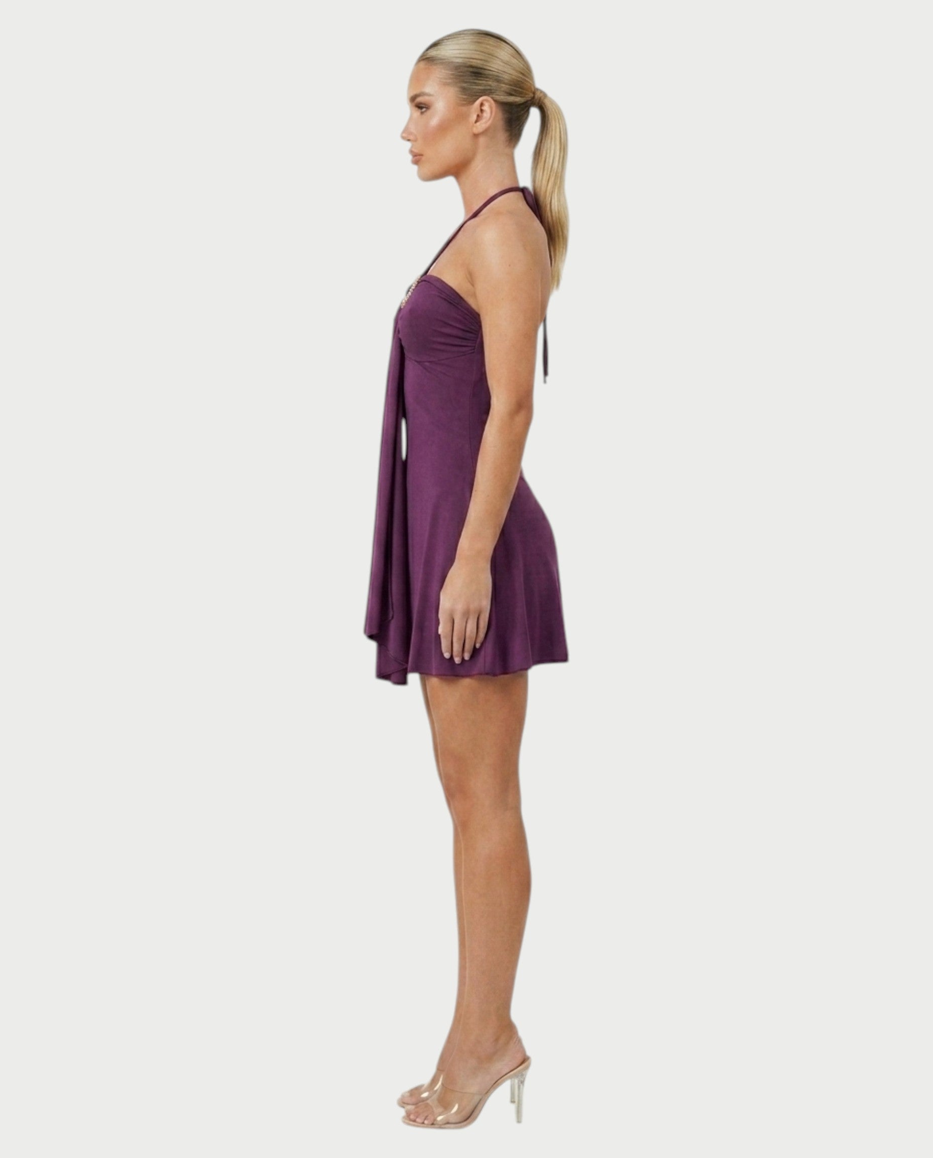 AVIELLE Halter Chain Medallion Drape Mini Dress