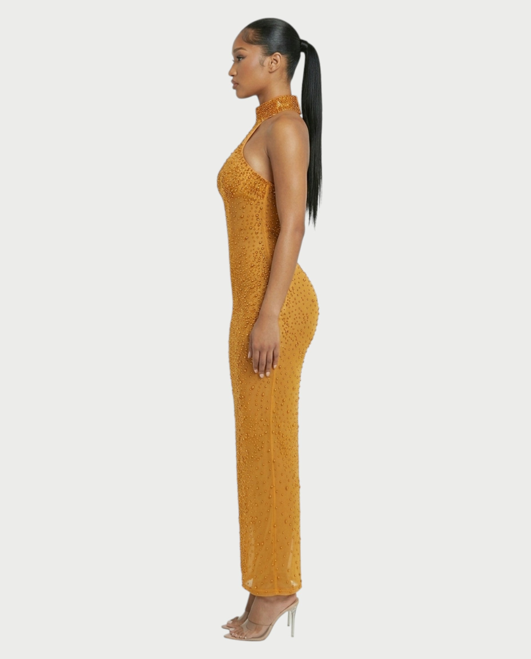 FUERA Rhinestone Mesh Bodycon Maxi Dress