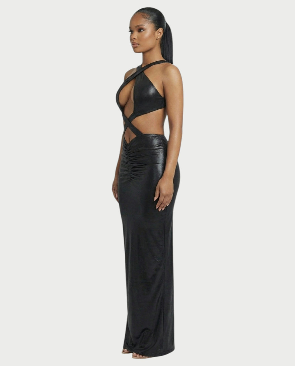 RINEYA Metallic Cutout Halter Neck Maxi Dress