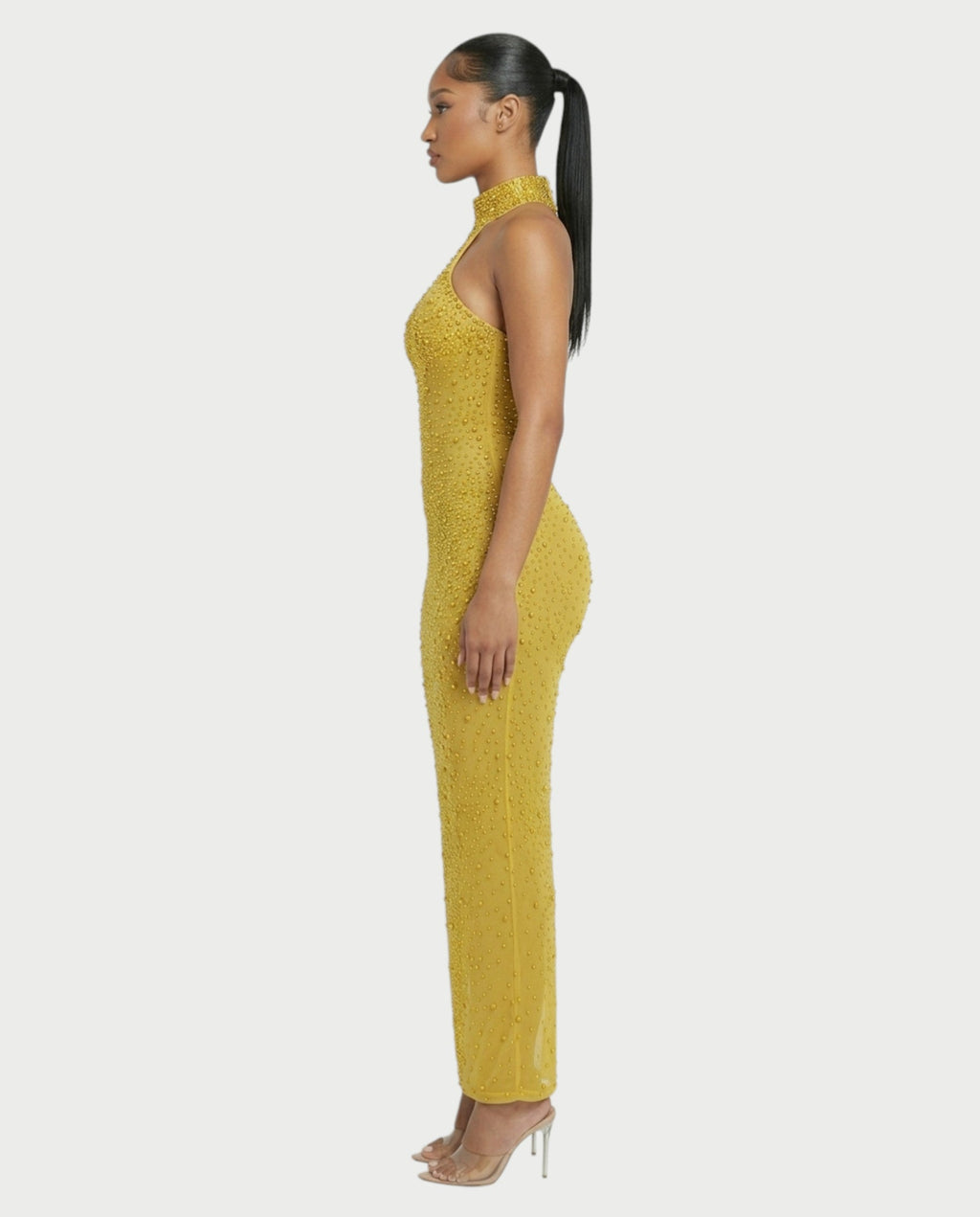 FUERA Rhinestone Mesh Bodycon Maxi Dress