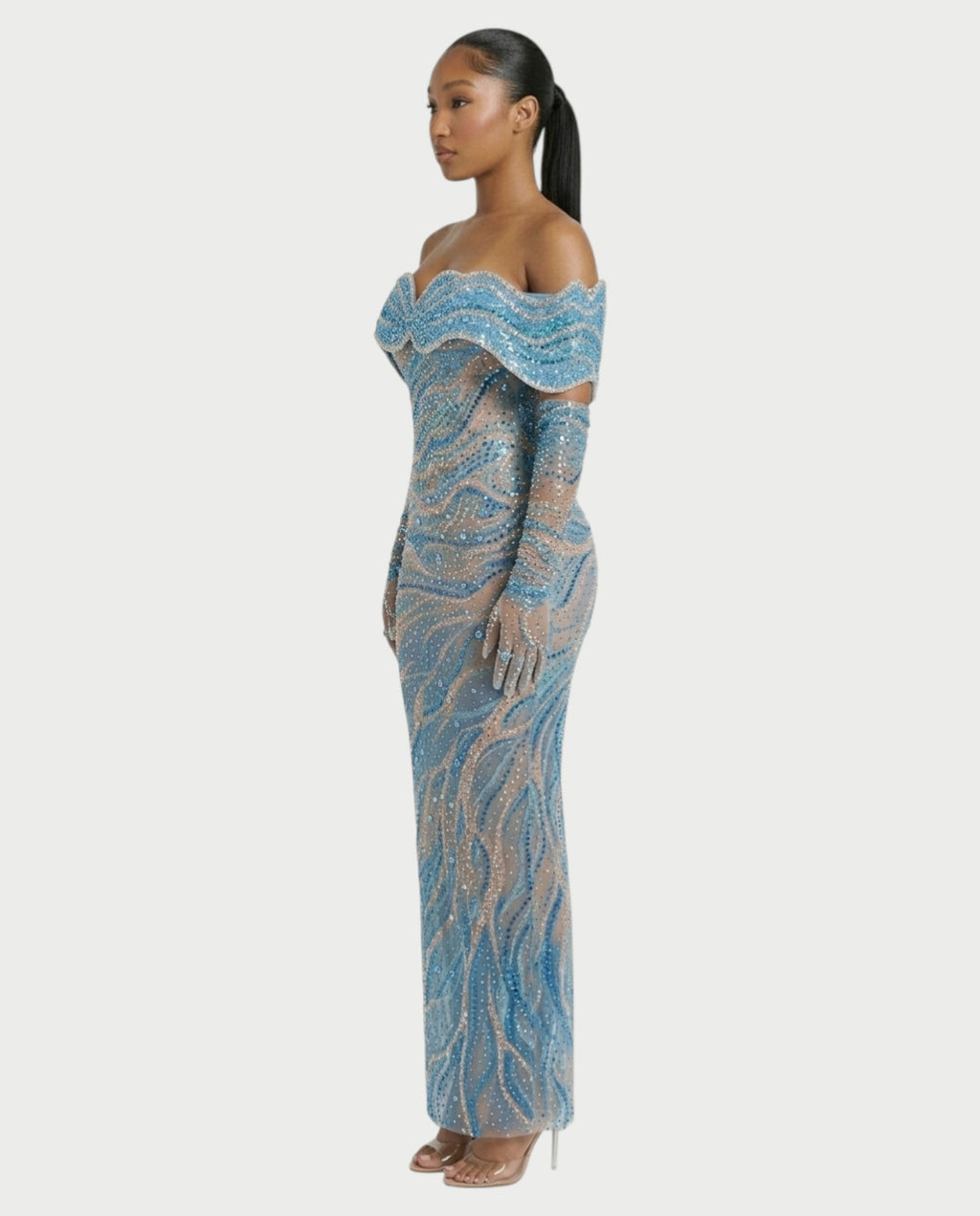 NELKA Rhinestone Off-Shoulder Mesh Maxi Dress