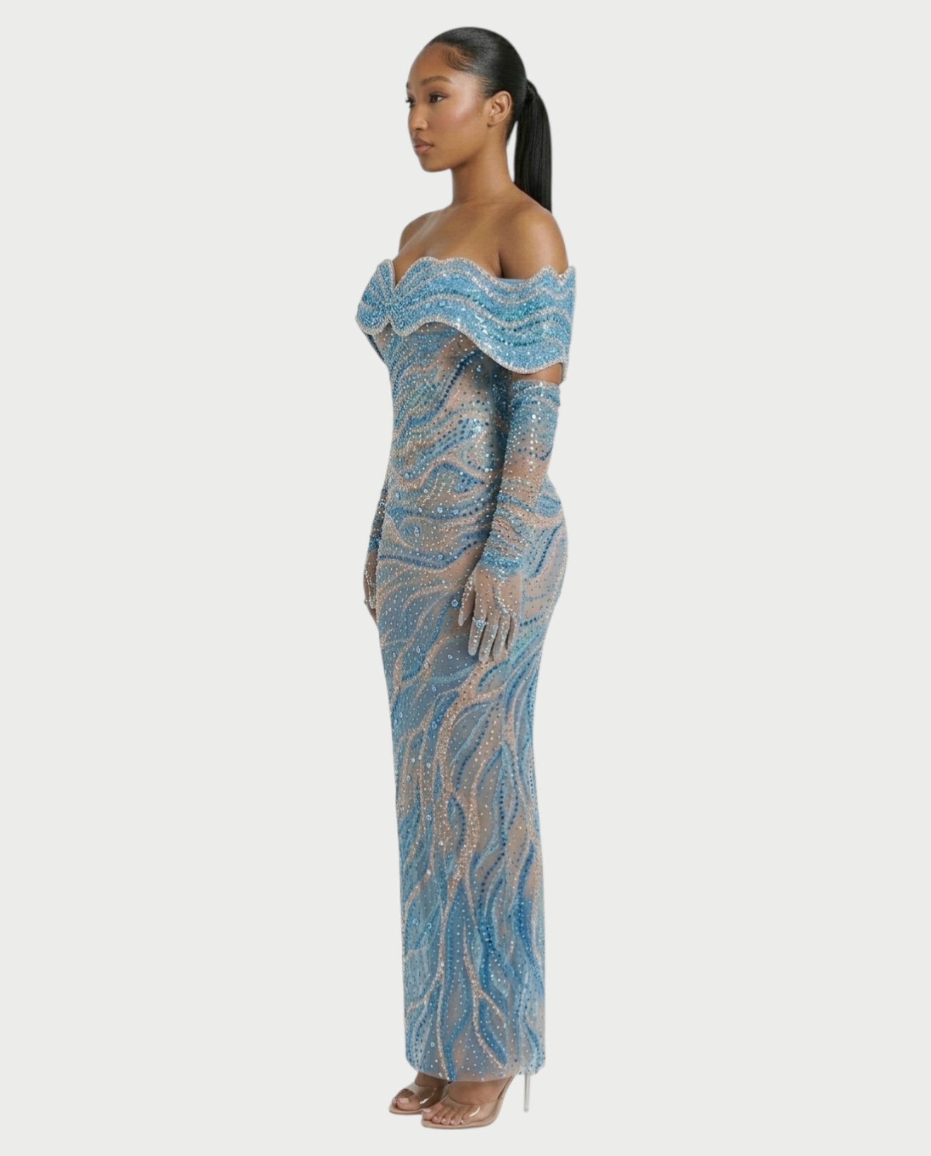 NELKA Rhinestone Off-Shoulder Mesh Maxi Dress