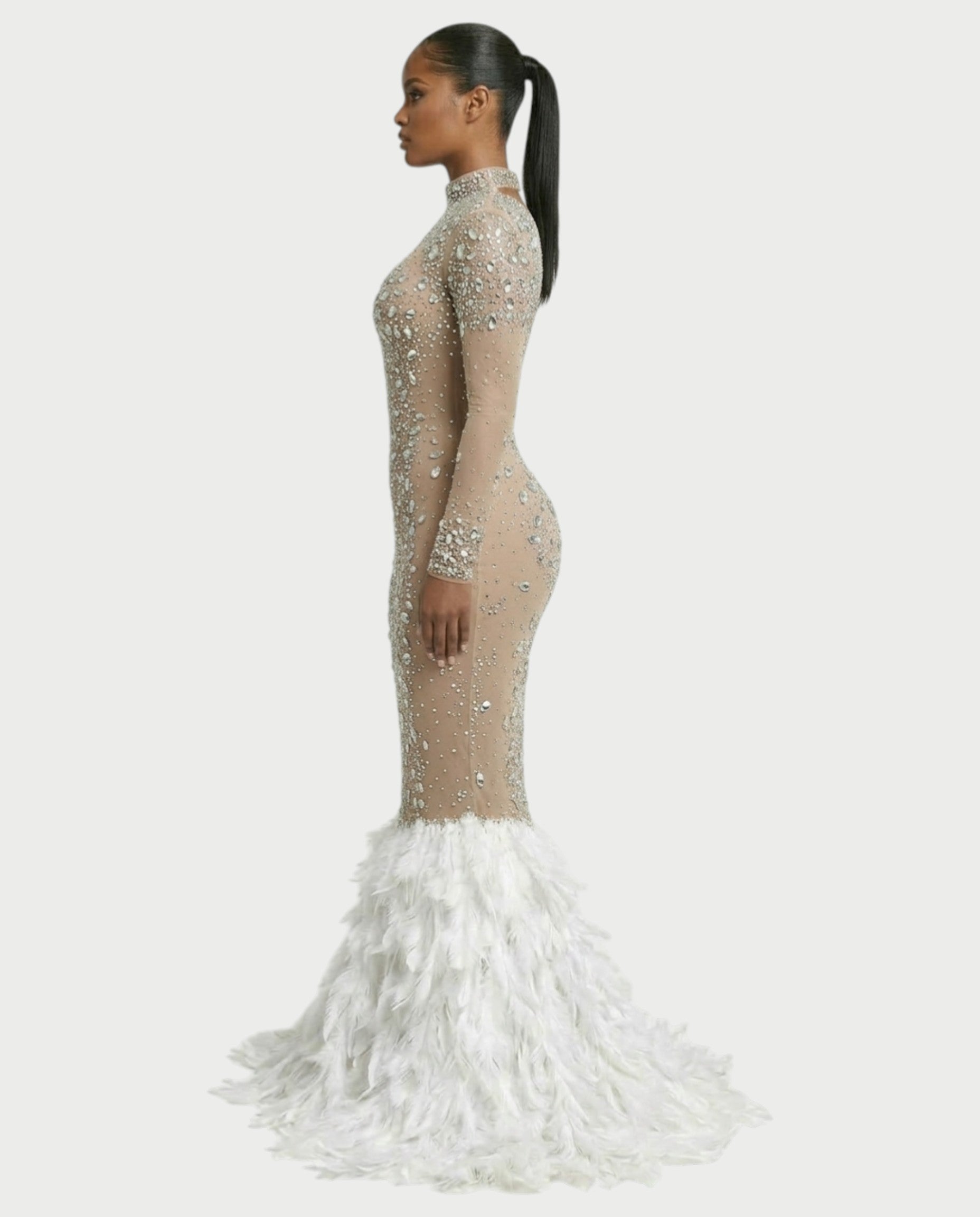 SOSANE Diamond High-Neck Feather Mermaid Maxi Dress