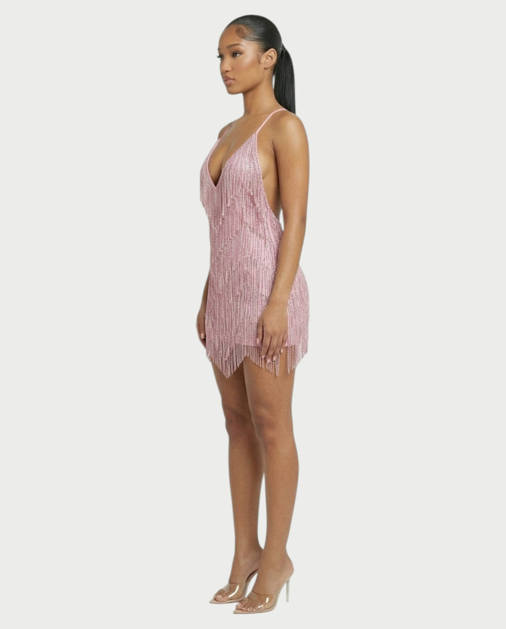 KRISSE Backless Crystal Diamond Tassel Mini Dress