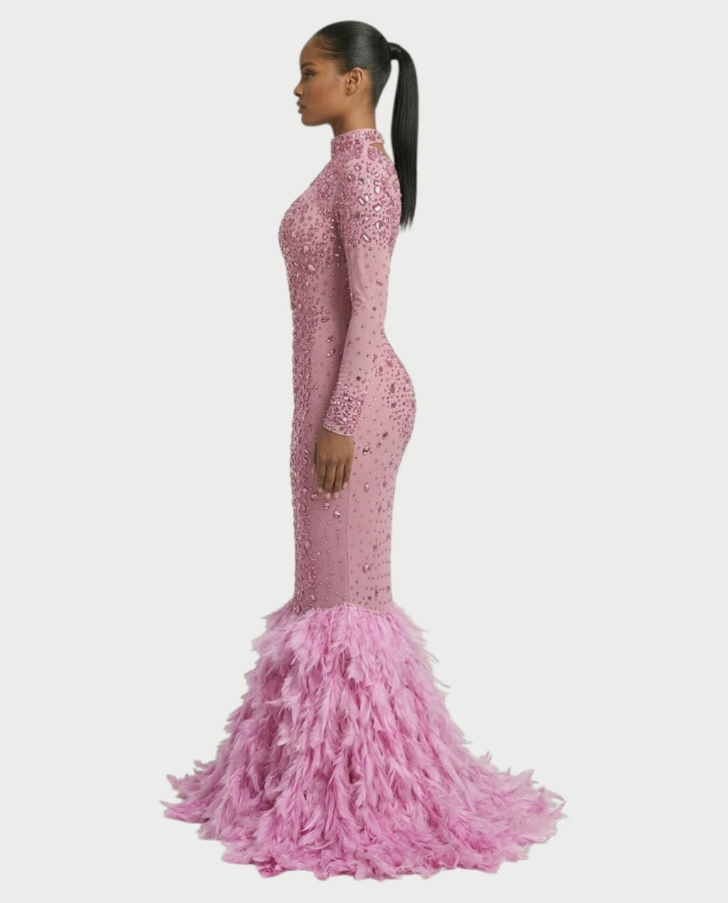 SOSANE Diamond High-Neck Feather Mermaid Maxi Dress
