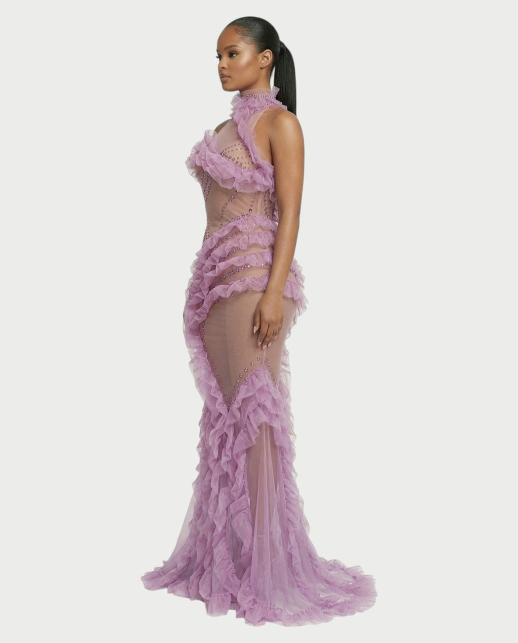 TERRIE Sheer Rhinestone & Ruffle High-Neck Maxi Dress