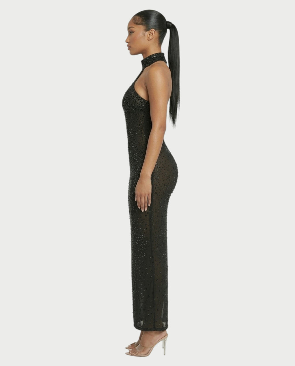 FUERA Rhinestone Mesh Bodycon Maxi Dress