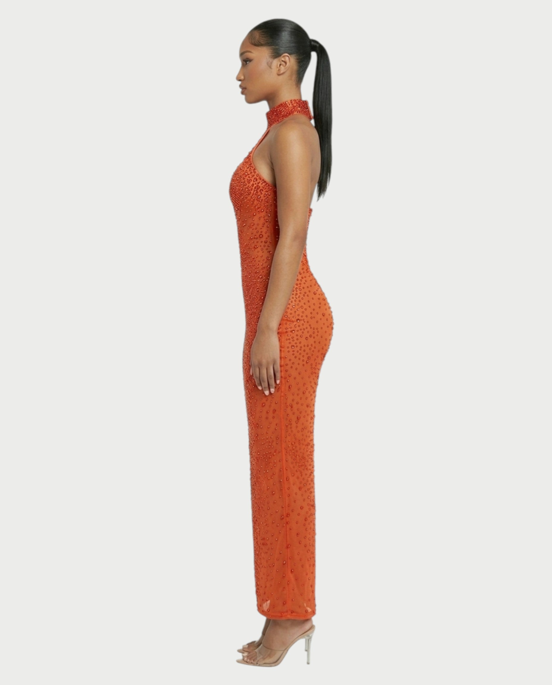 FUERA Rhinestone Mesh Bodycon Maxi Dress
