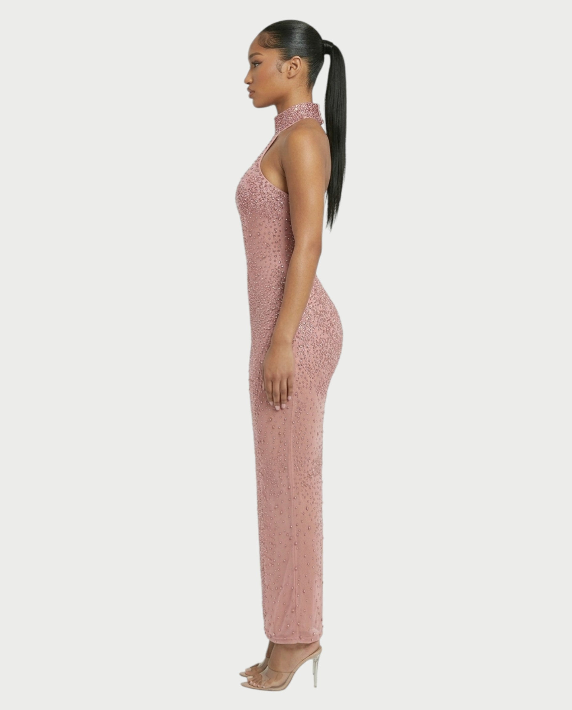 FUERA Rhinestone Mesh Bodycon Maxi Dress