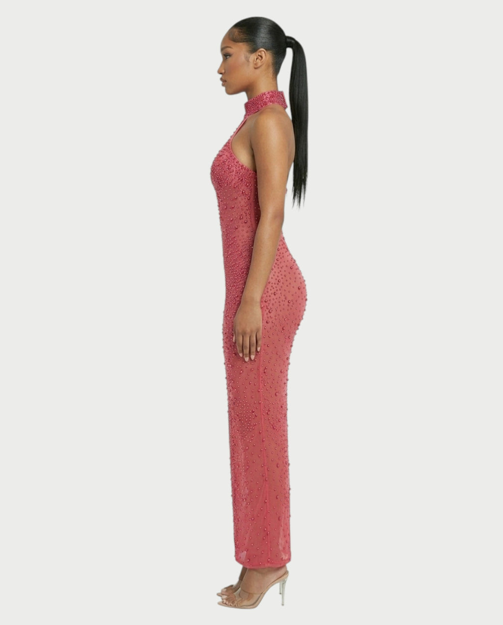 FUERA Rhinestone Mesh Bodycon Maxi Dress