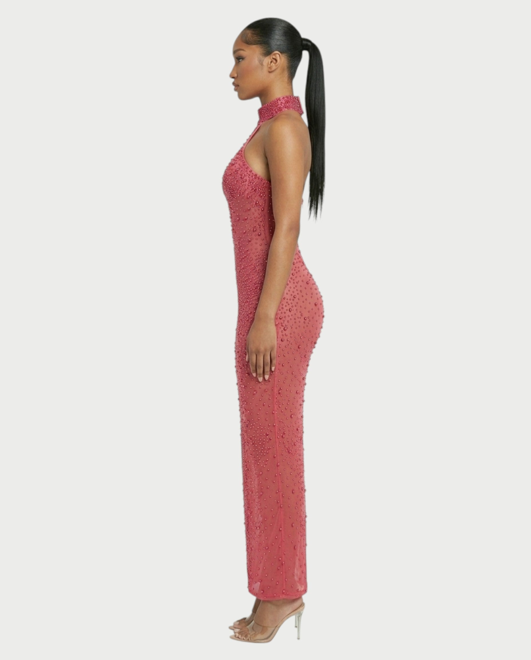 FUERA Rhinestone Mesh Bodycon Maxi Dress