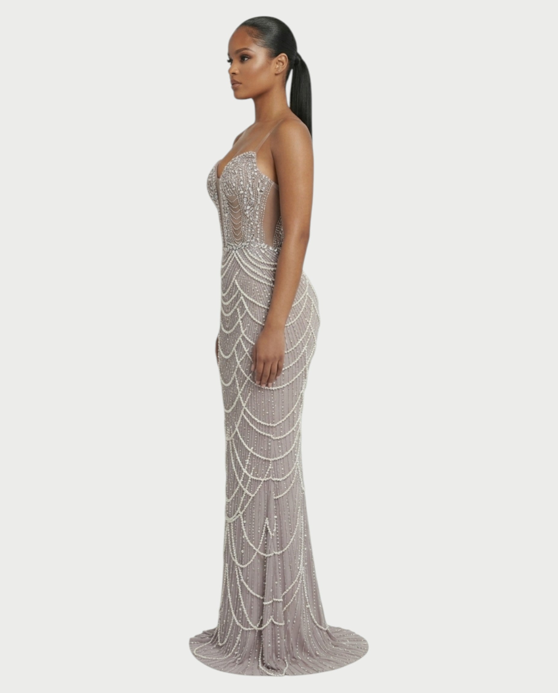 MIRYN Sheer Crystal Beaded Corset Maxi Dress