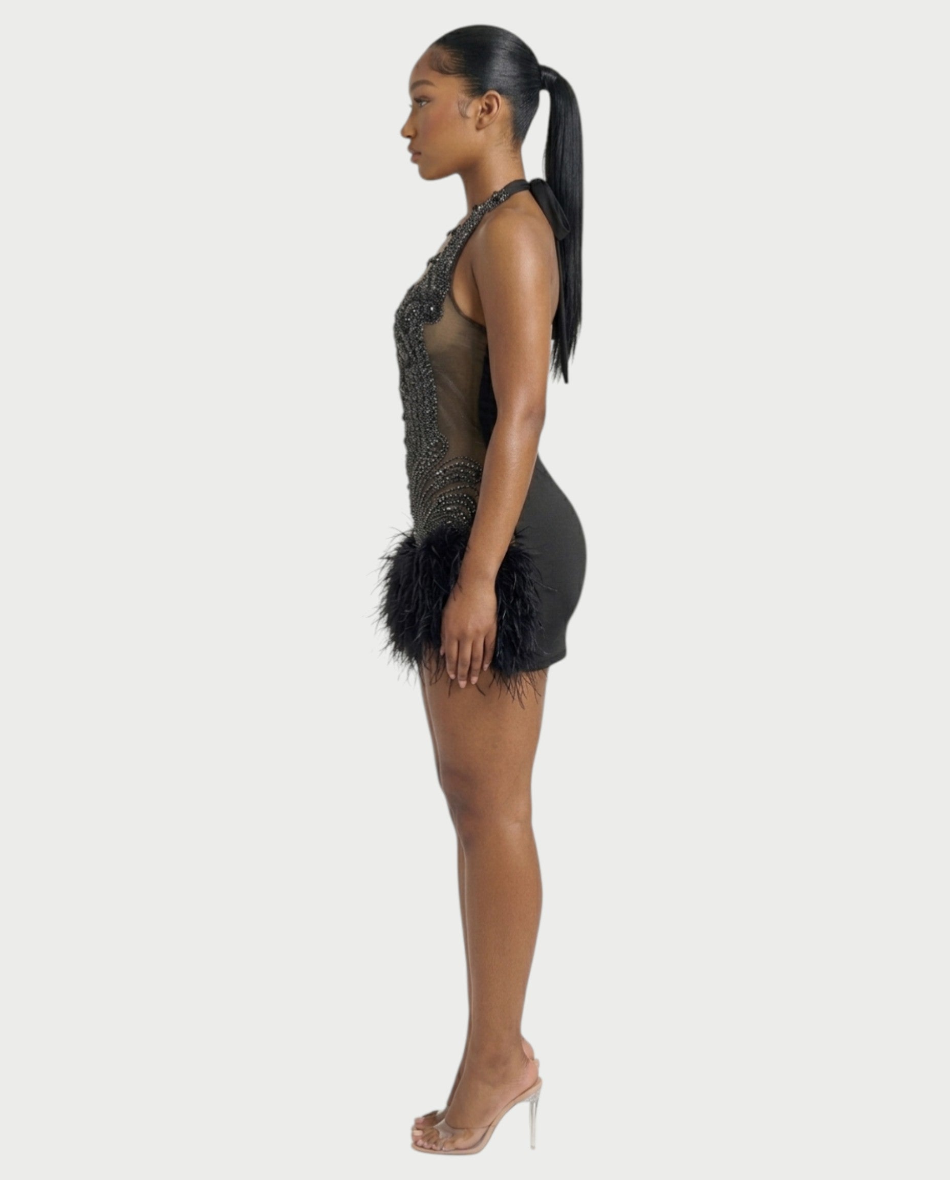 MIRAL Feather Trim Rhinestone Halter Mini Dress