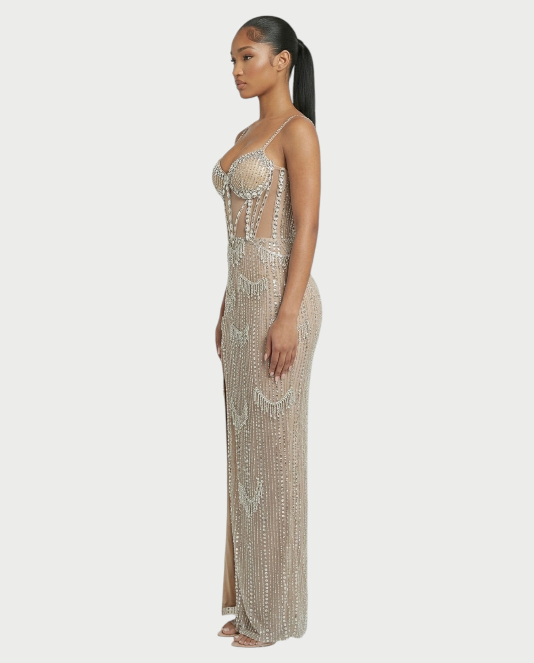 AERIS Crystal Fringe Sheer Corset Maxi Dress