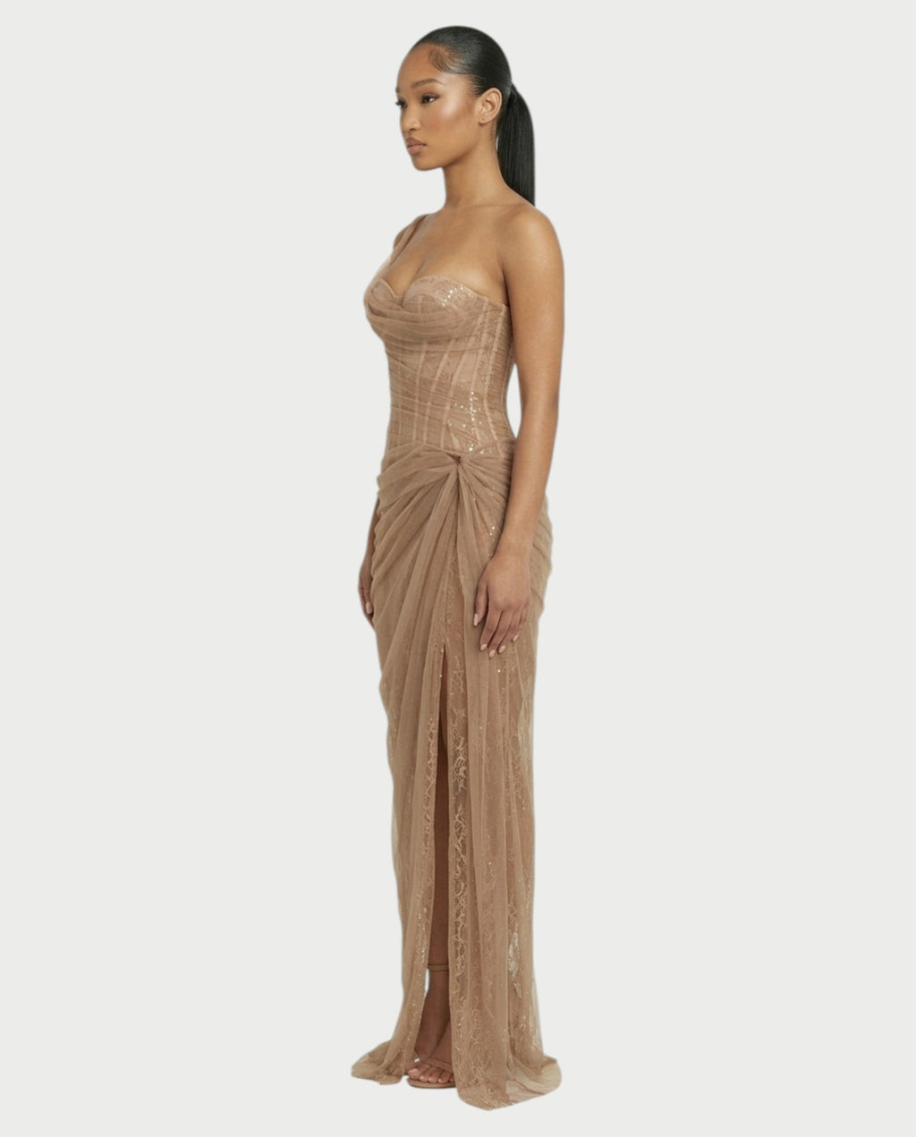 RINA One-Shoulder Lace Corset Maxi Dress