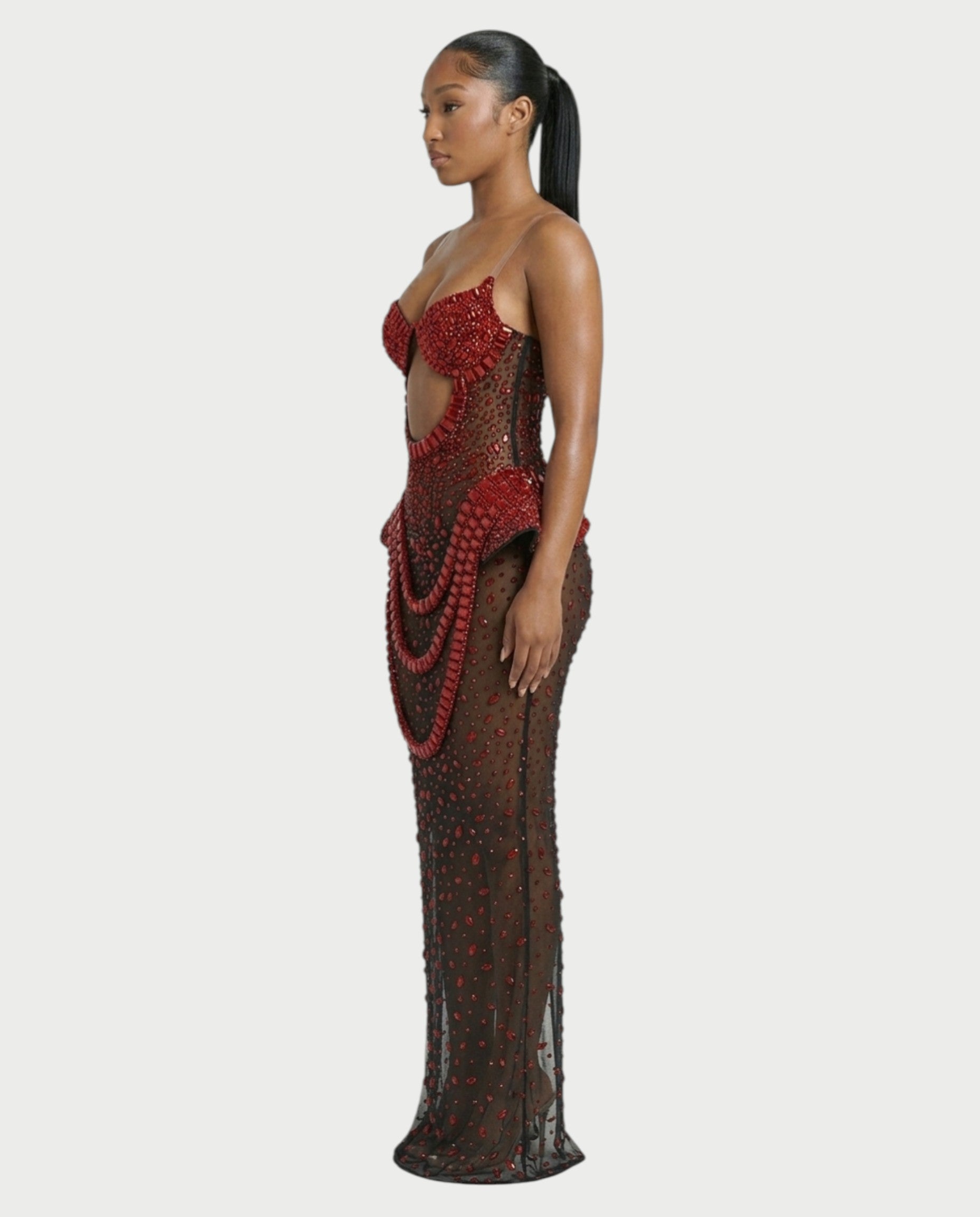 VREYS Crystal Studded Sheer Maxi Dress