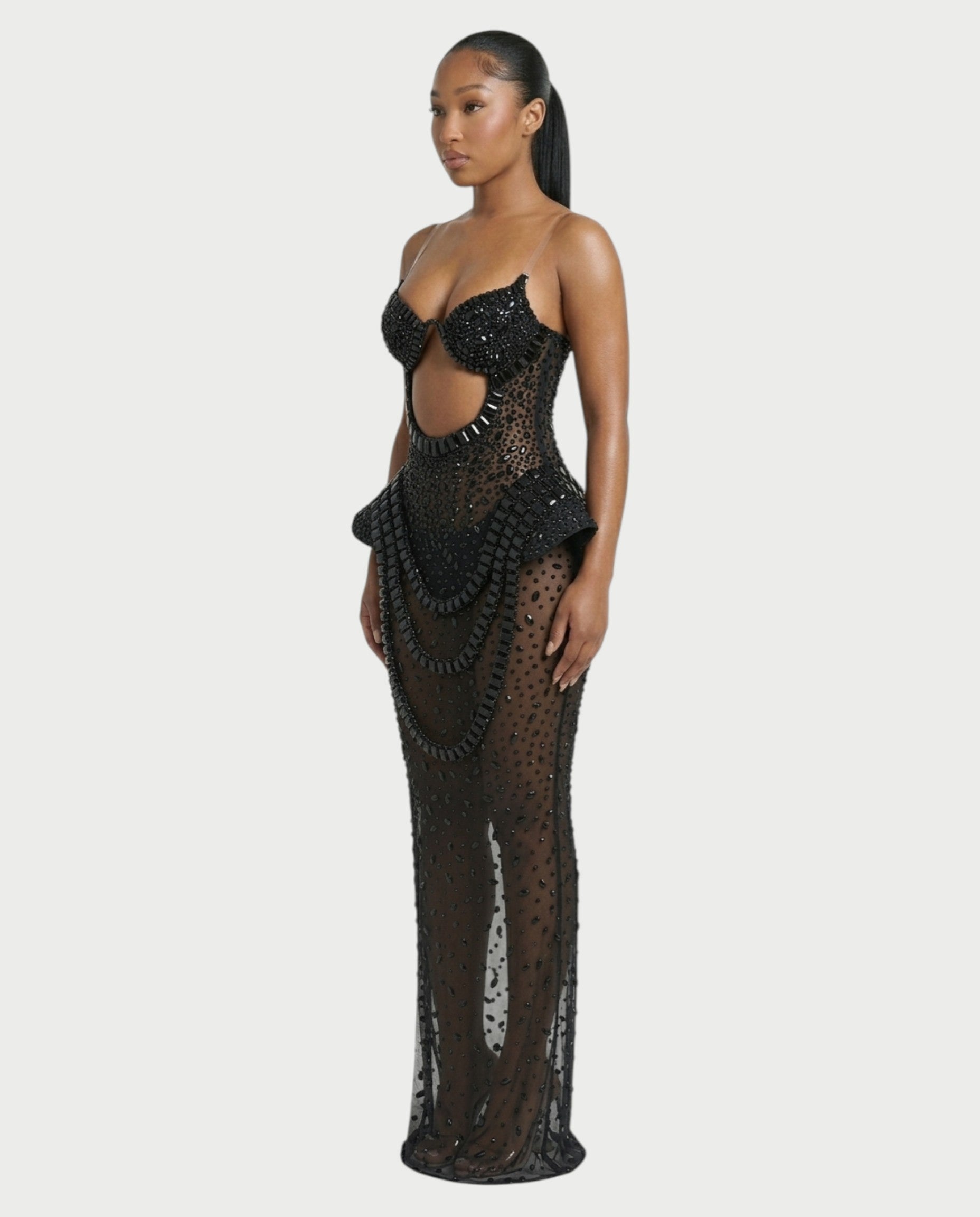 VREYS Crystal Studded Sheer Maxi Dress