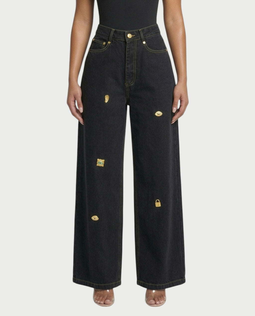 LUNARIA Wide-Leg Gold Motif Denim Pants