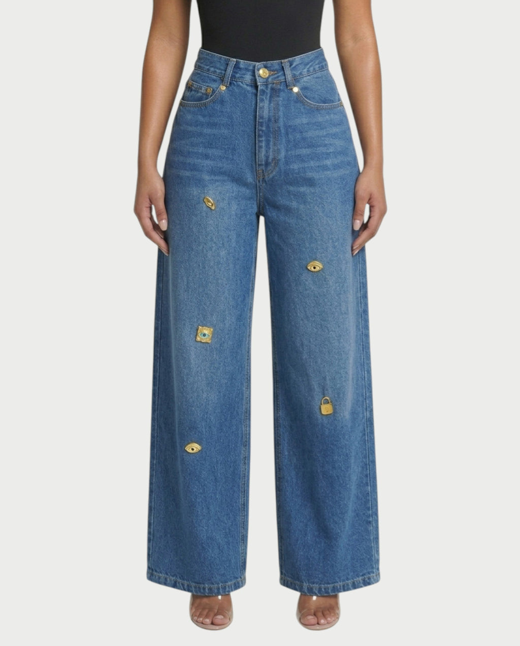 LUNARIA Wide-Leg Gold Motif Denim Pants
