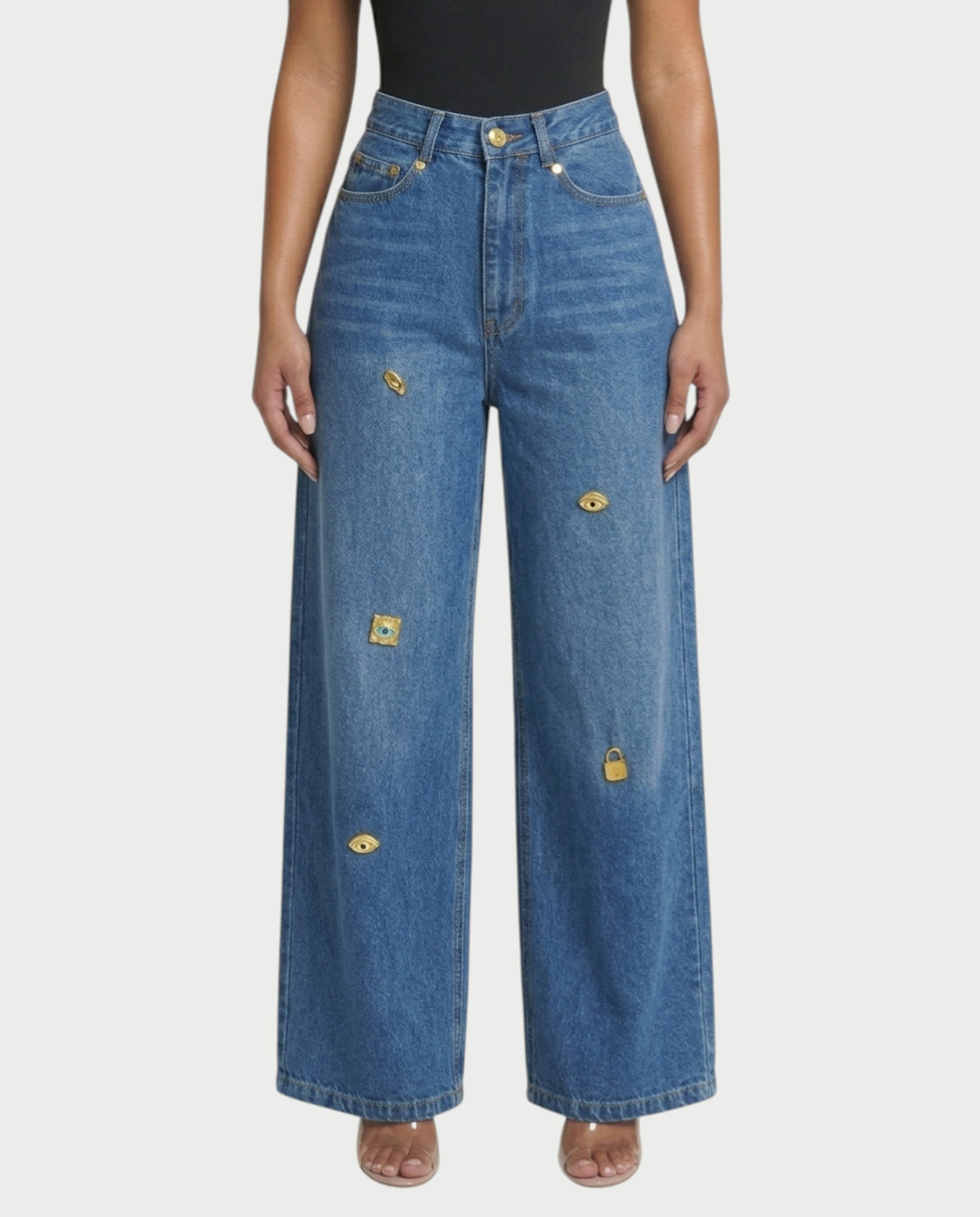 LUNARIA Wide-Leg Gold Motif Denim Pants
