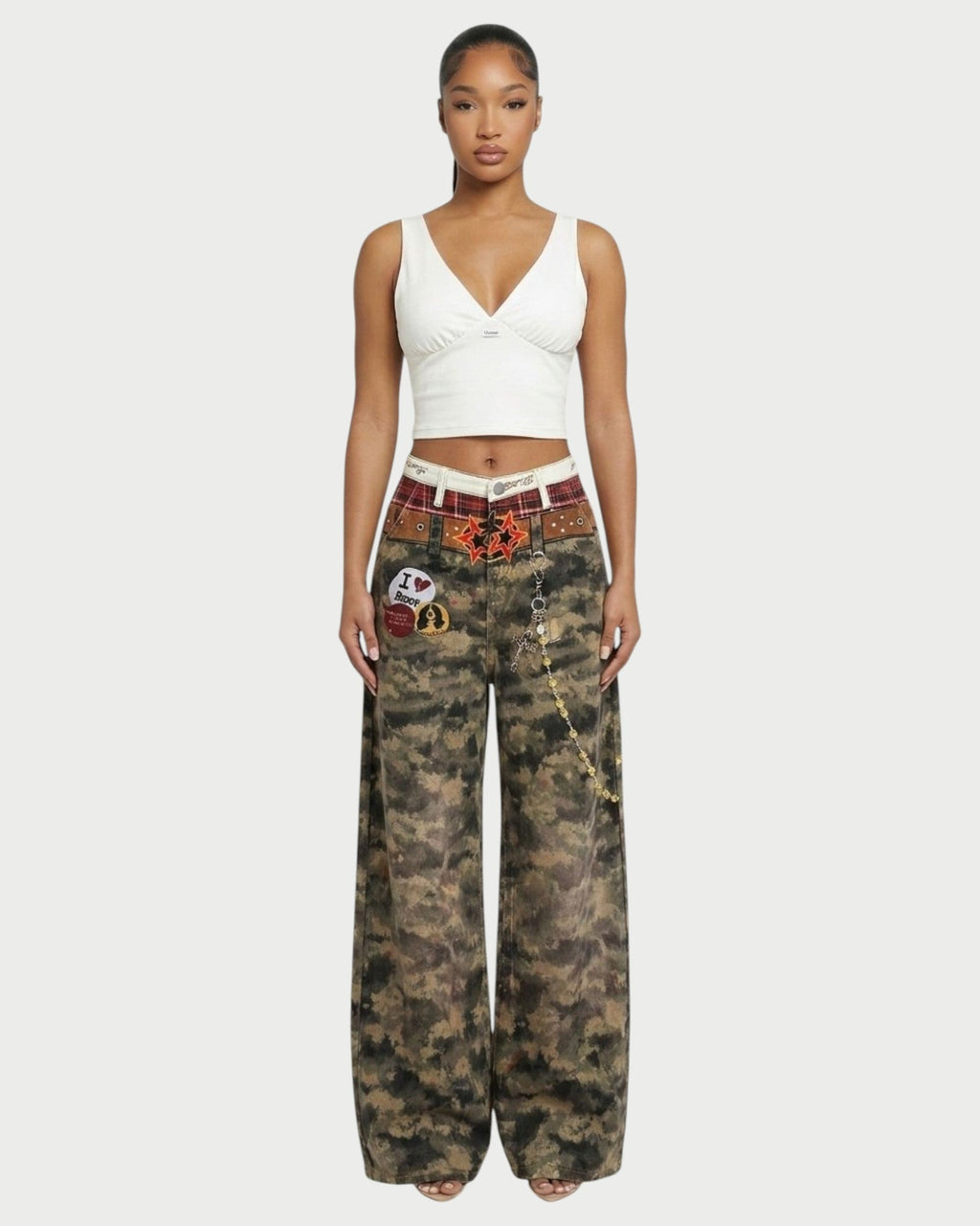 CEVY Retro Camo Wide-Leg Denim Pants