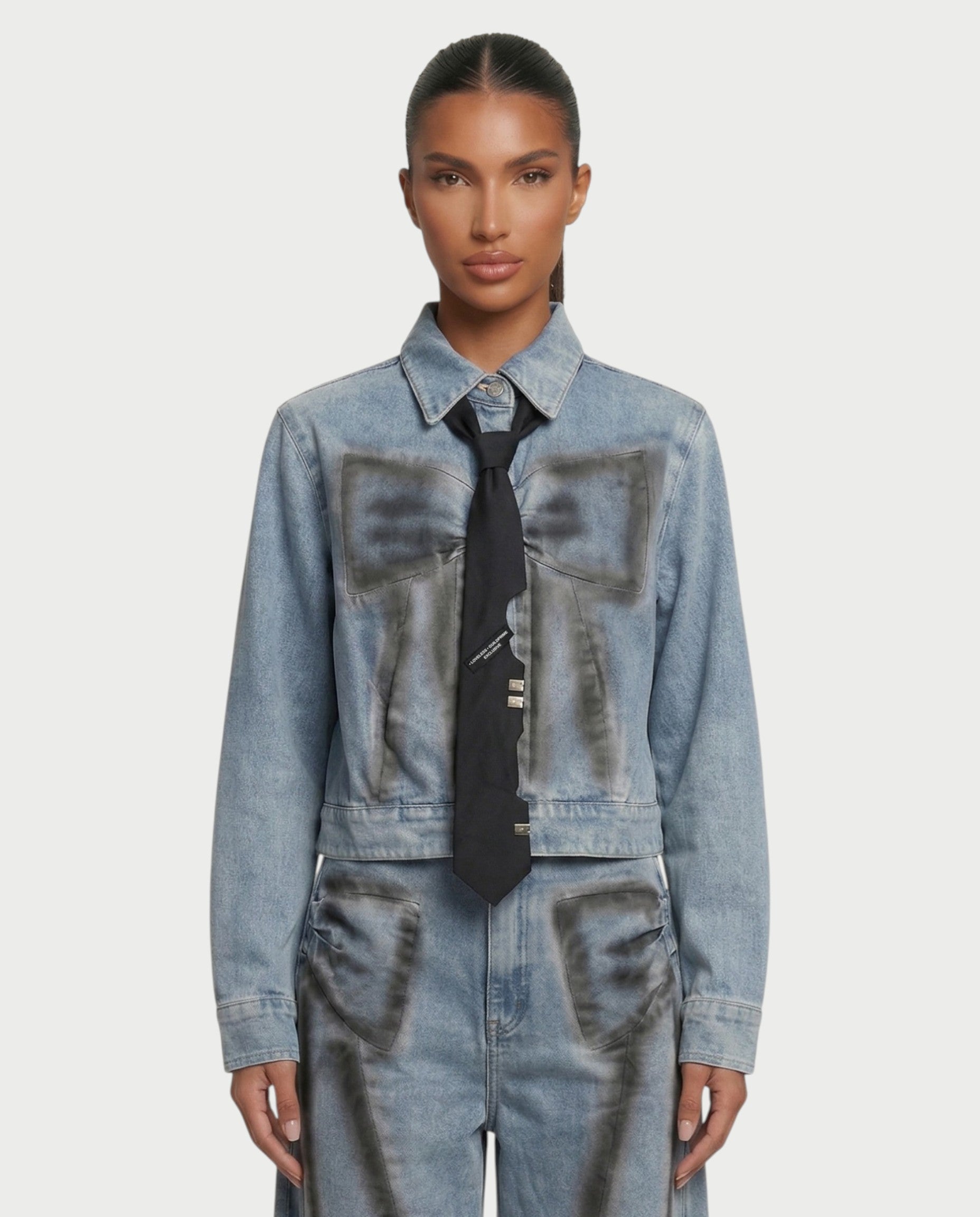 CALLIA Denim Tie Jacket & Wide-Leg Pants Set