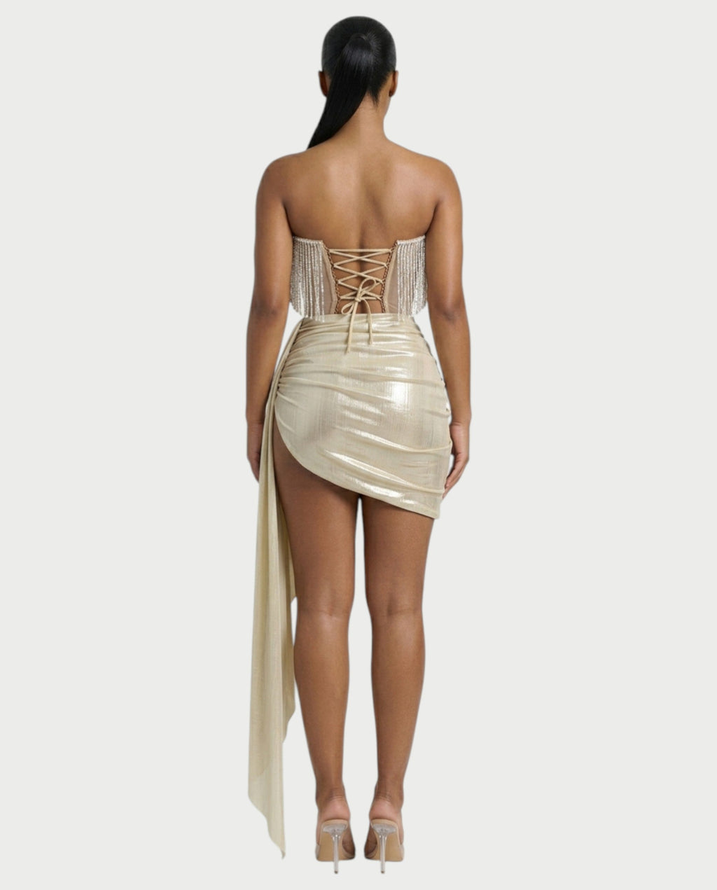 VIRELA Rhinestone Fringe Drape Metallic Mini Dress